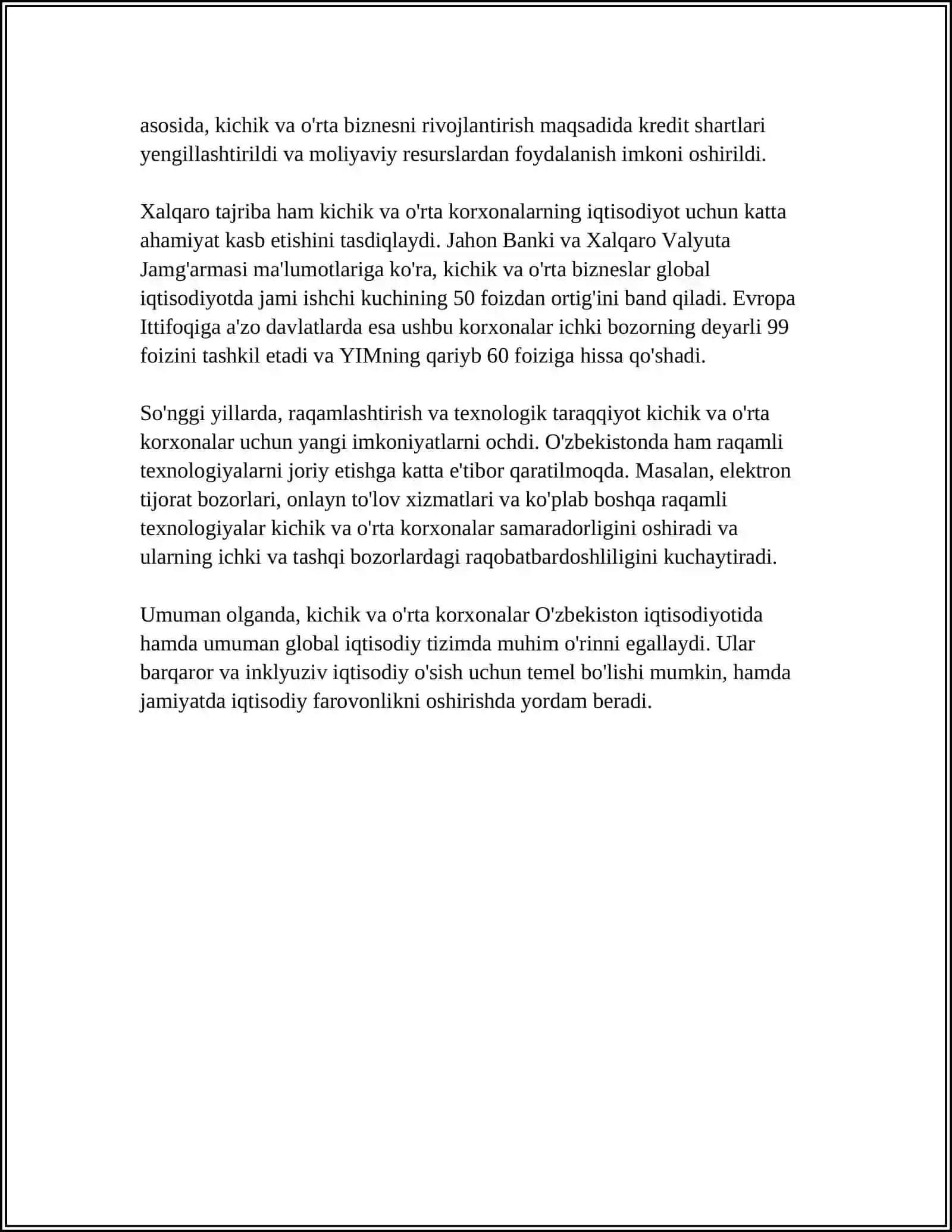 Kichik va O'rta Korxonalarning Mamlakat Iqtisodiyotidagi O'rni 4