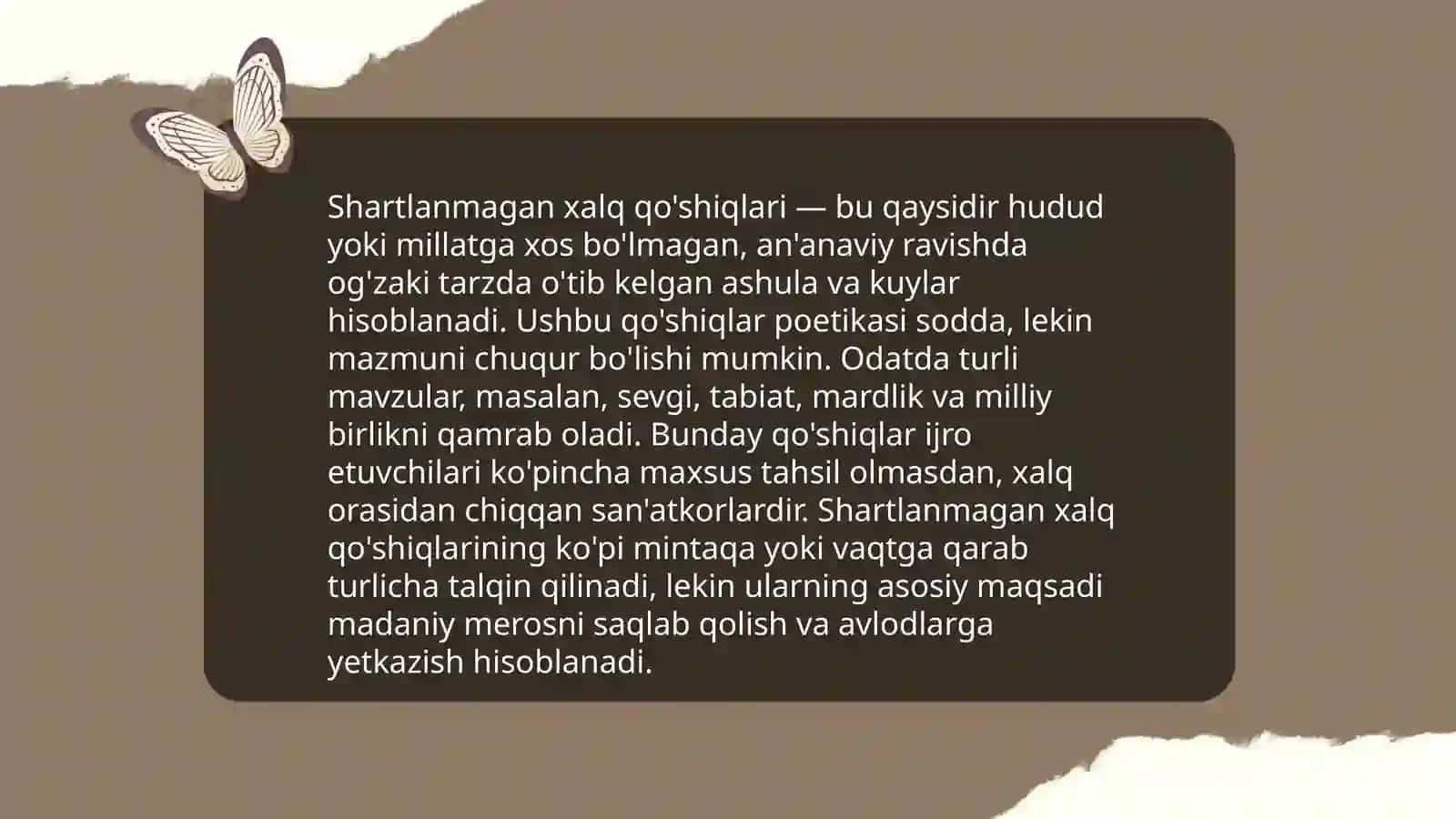 Shartlangan va shartlanmagan oʻzbek xalq musiqa folklori turlari va janrlari 4