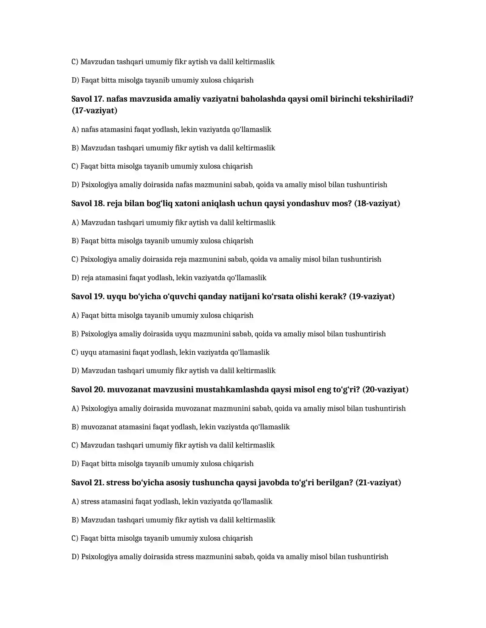 Stress boshqaruvi va emotsional barqarorlik — 100 test 4