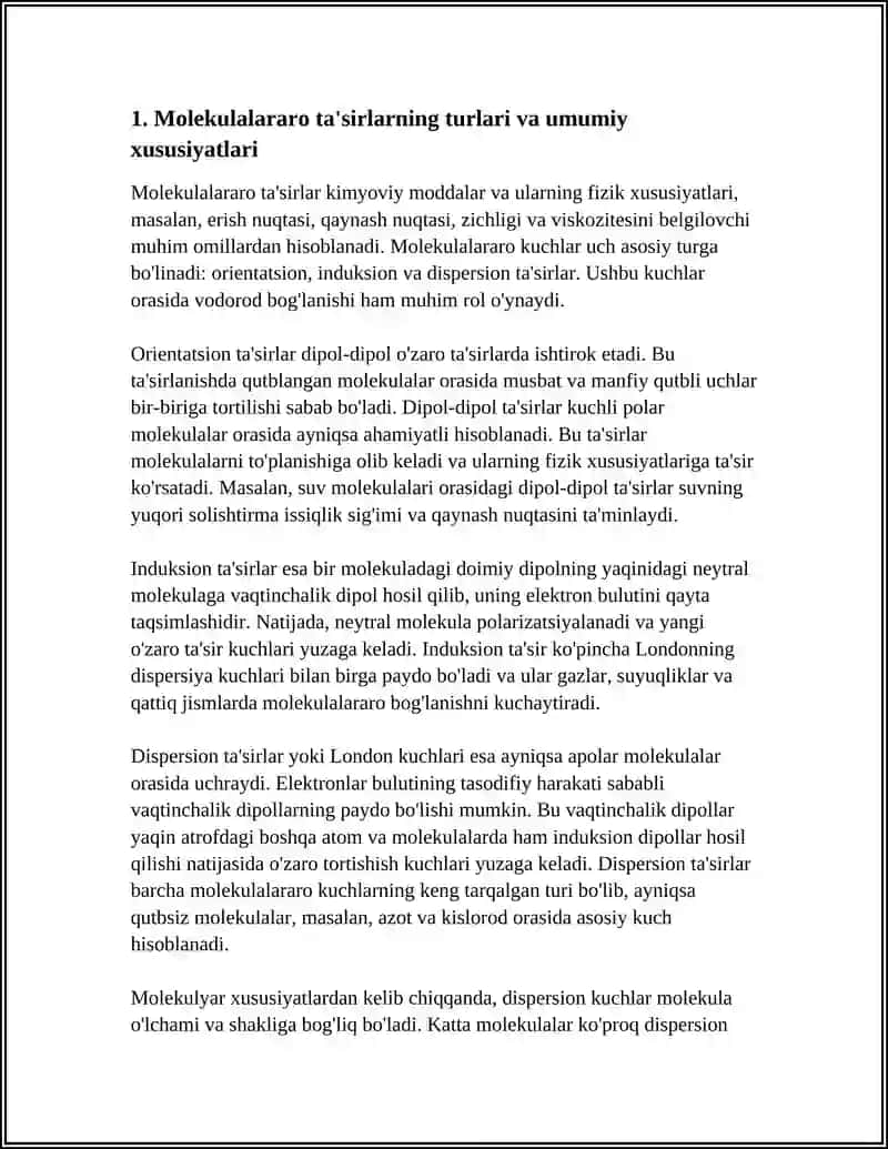 MOLEKULALARARO TA'SIRLAR. ORIENTATSION, INDUKTSION VA DISPERSION TA'SIRLAR. VODOROD BOG`LANISH 4