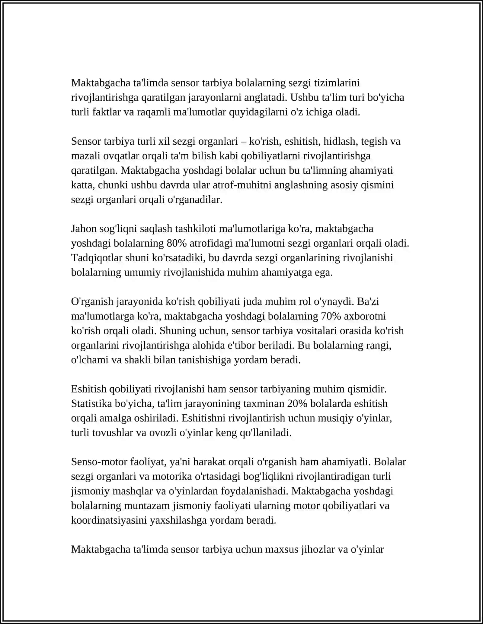 SENSOR TARBIYA TUSHUNCHASI. MAKTABGACHA TA'LIM TASHKILOTLARIDA SENSOR TARBIYANI RIVOJLANTIRISH METODIKASI. SENSOR TARBIYA USULLARI 4