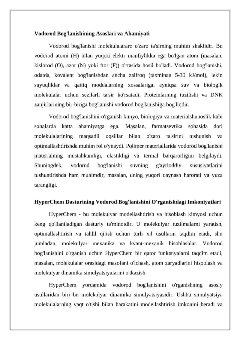 HyperChem dasturida vodorod bog'lanishini o'rganish 4