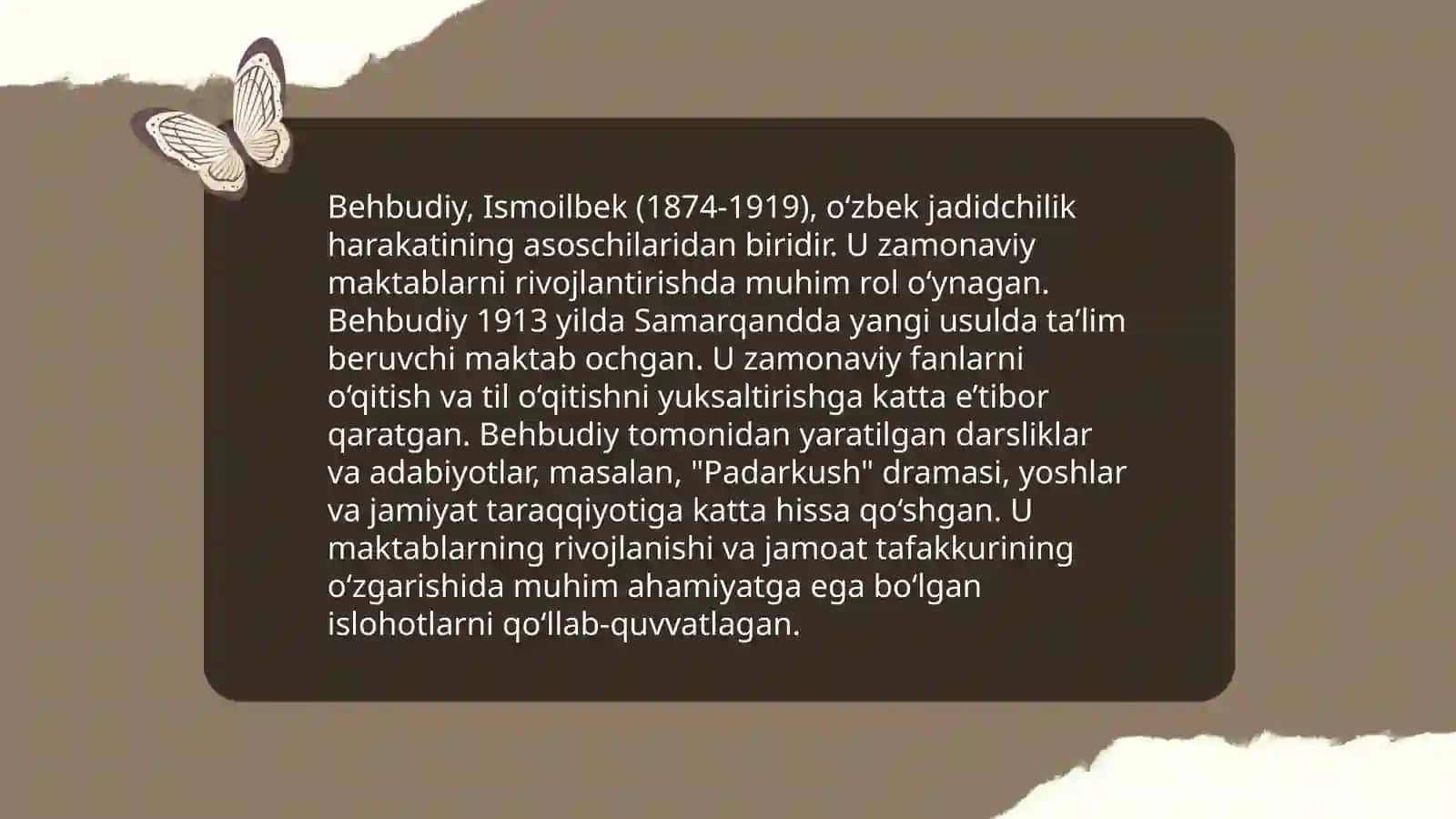 Jadid maʼrifatparvarlarining oʻlka ijtimoiy maʼnaviy hayotida tutgan oʻrni Behbudiy Avloniy va boshqalar 4