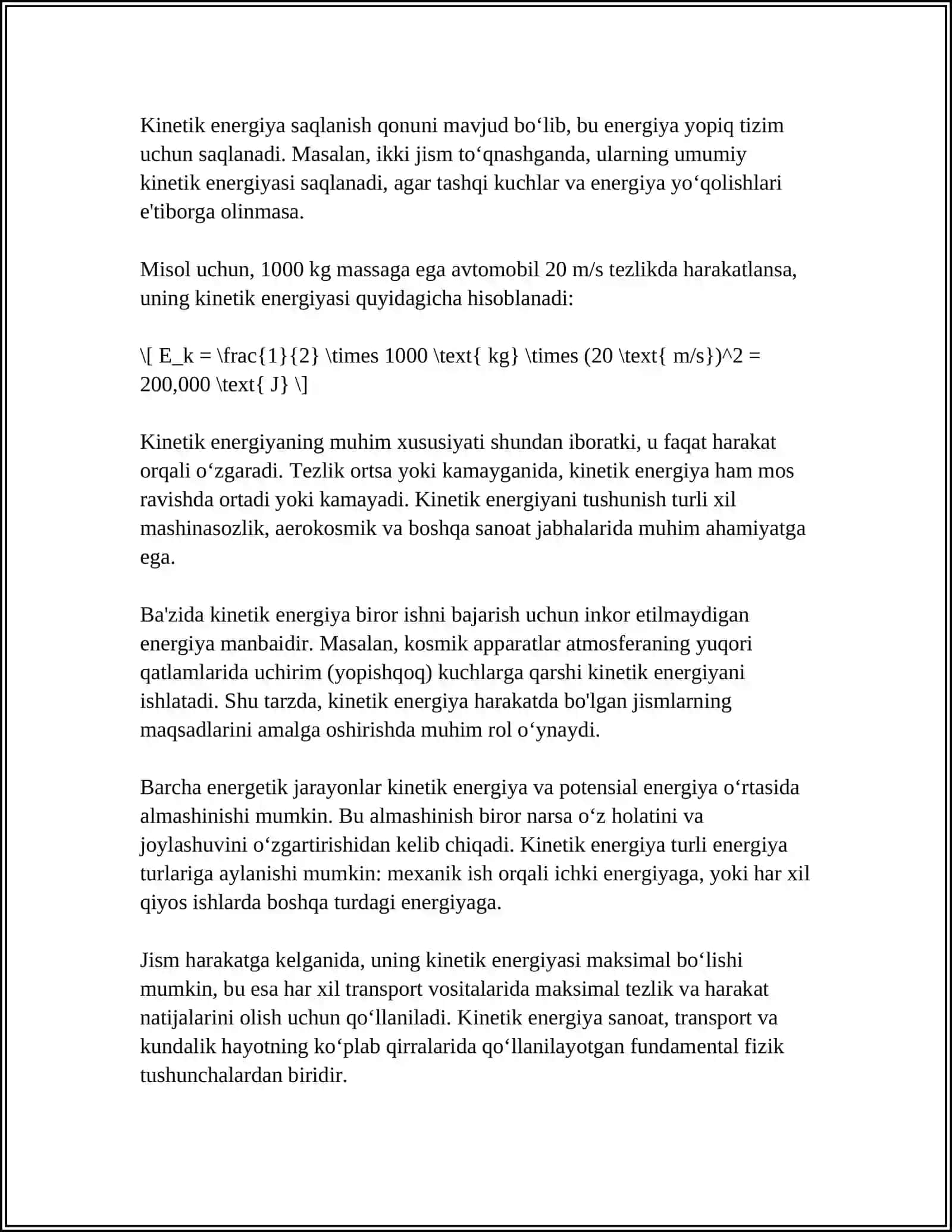 KINETIK VA POTENSIAL ENERGIYA, HAMDA OBYEKTNI MURAKKAB TRAYEKTORIYA BO‘YLAB HARAKATINI TAHLIL QILISHDA INTEGRAL HISOB TATBIQLARI HAM 4
