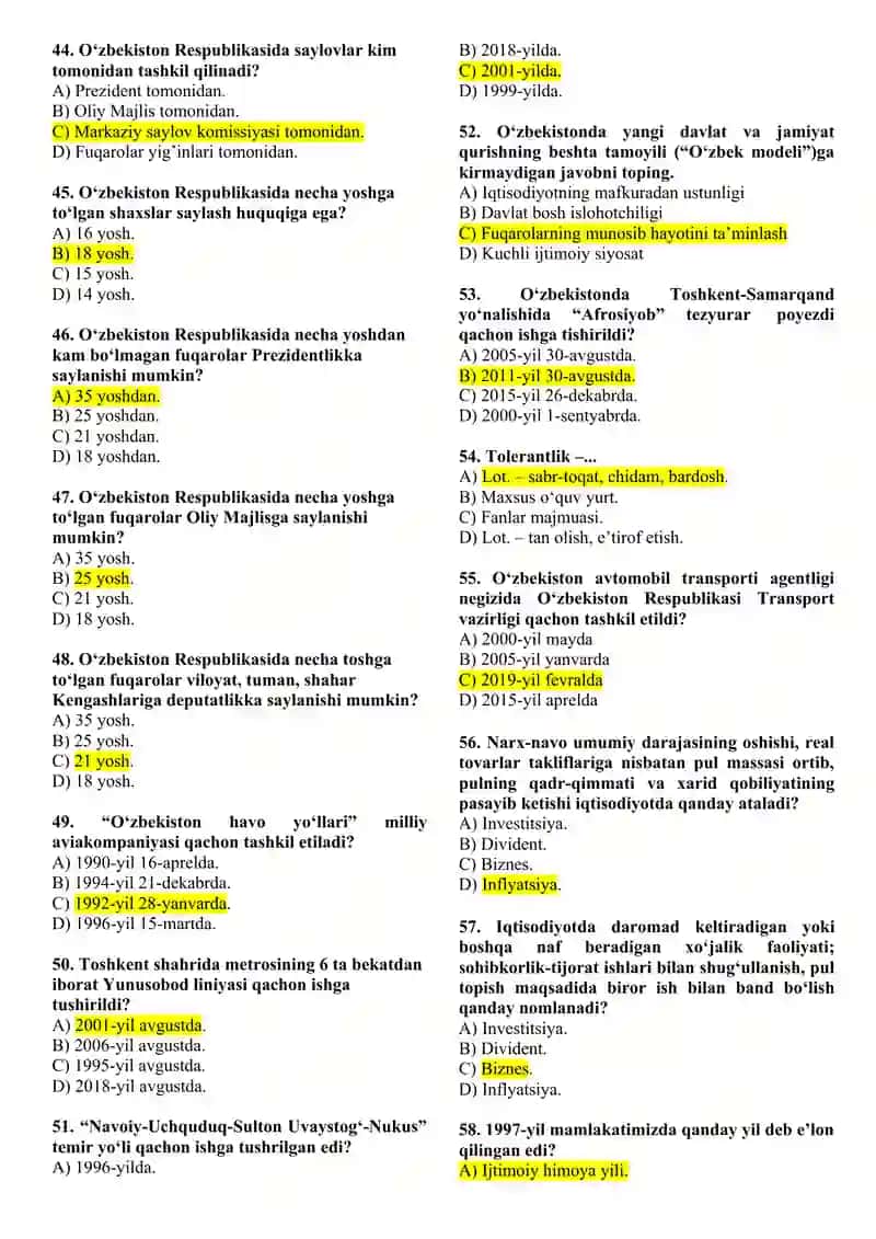 O‘ZBEKISTONNING ENG YANGI TARIXI FANIDAN YAKUNIY NAZORAT TEST SAVOLLARI (275 TA) 4