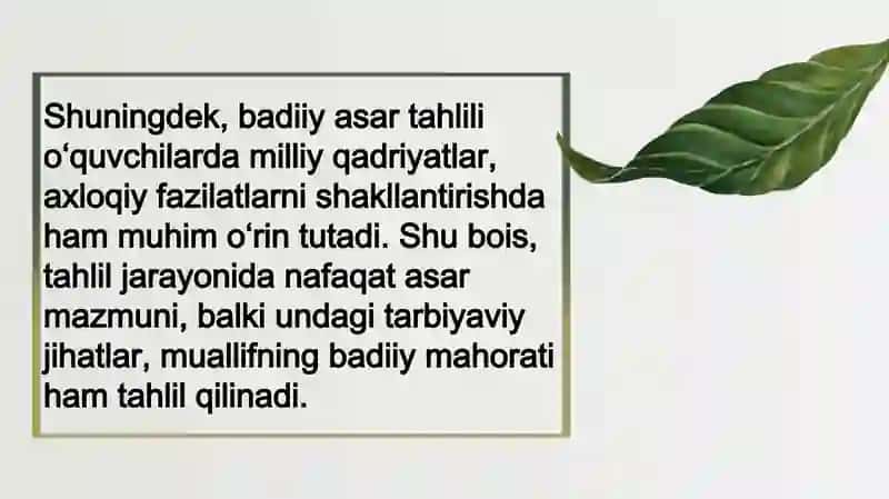 Badiiy asar tahliliga oid qoʻshimcha savol va topshiriqlar tizimini ishlab chiqish. 4