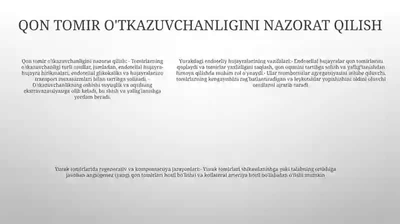 Qon tomiri endoteliyasining funksiyalar yurak qon tomiri tizimida regenator va kompensator jaroyonlar 4