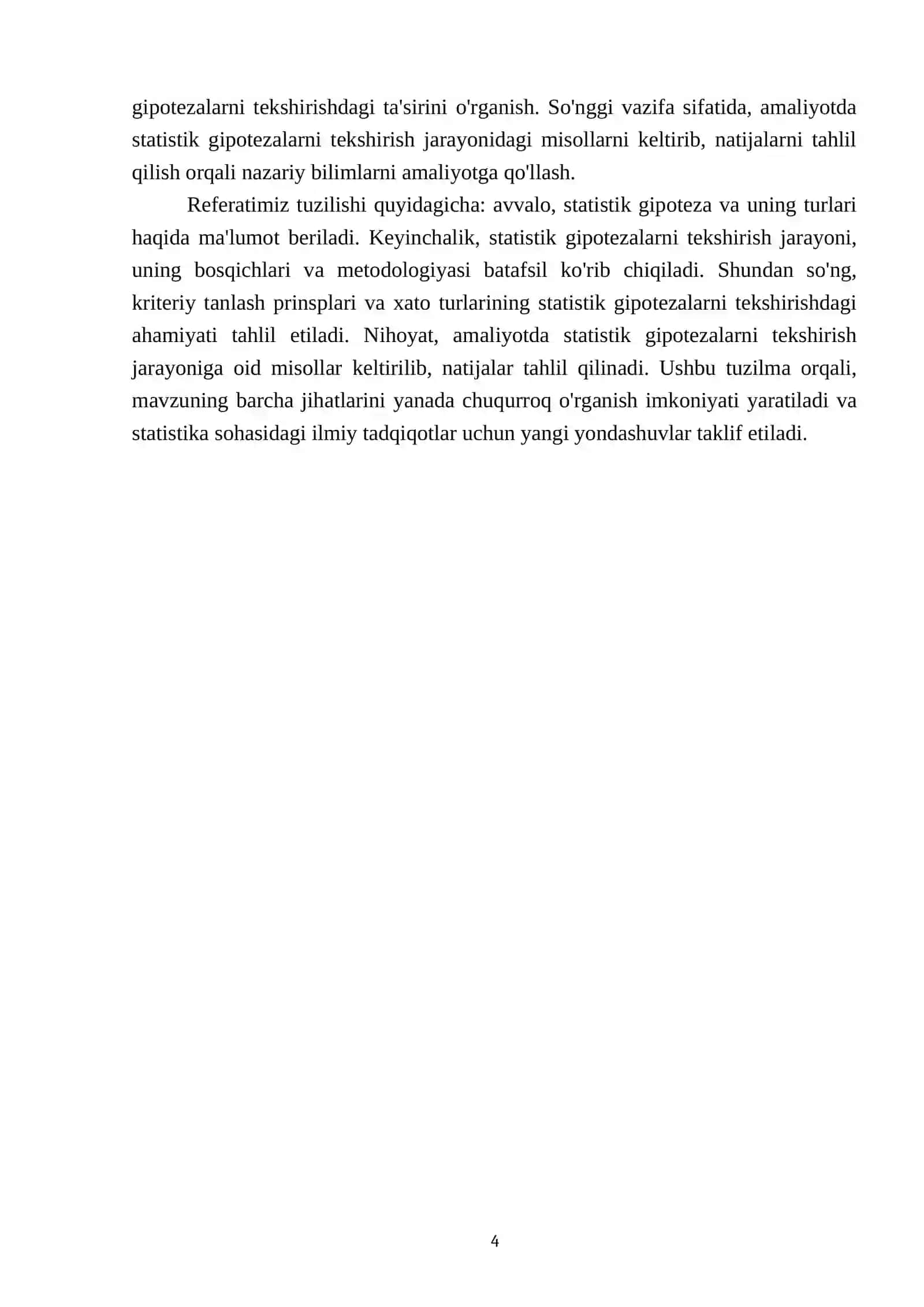 Statistik gipotezalarni tekshirish nazariyasining umumiy tushunchalari. Statistik gipotezalarni tekshirish uchun kriteriy tanlash prinsplari 4