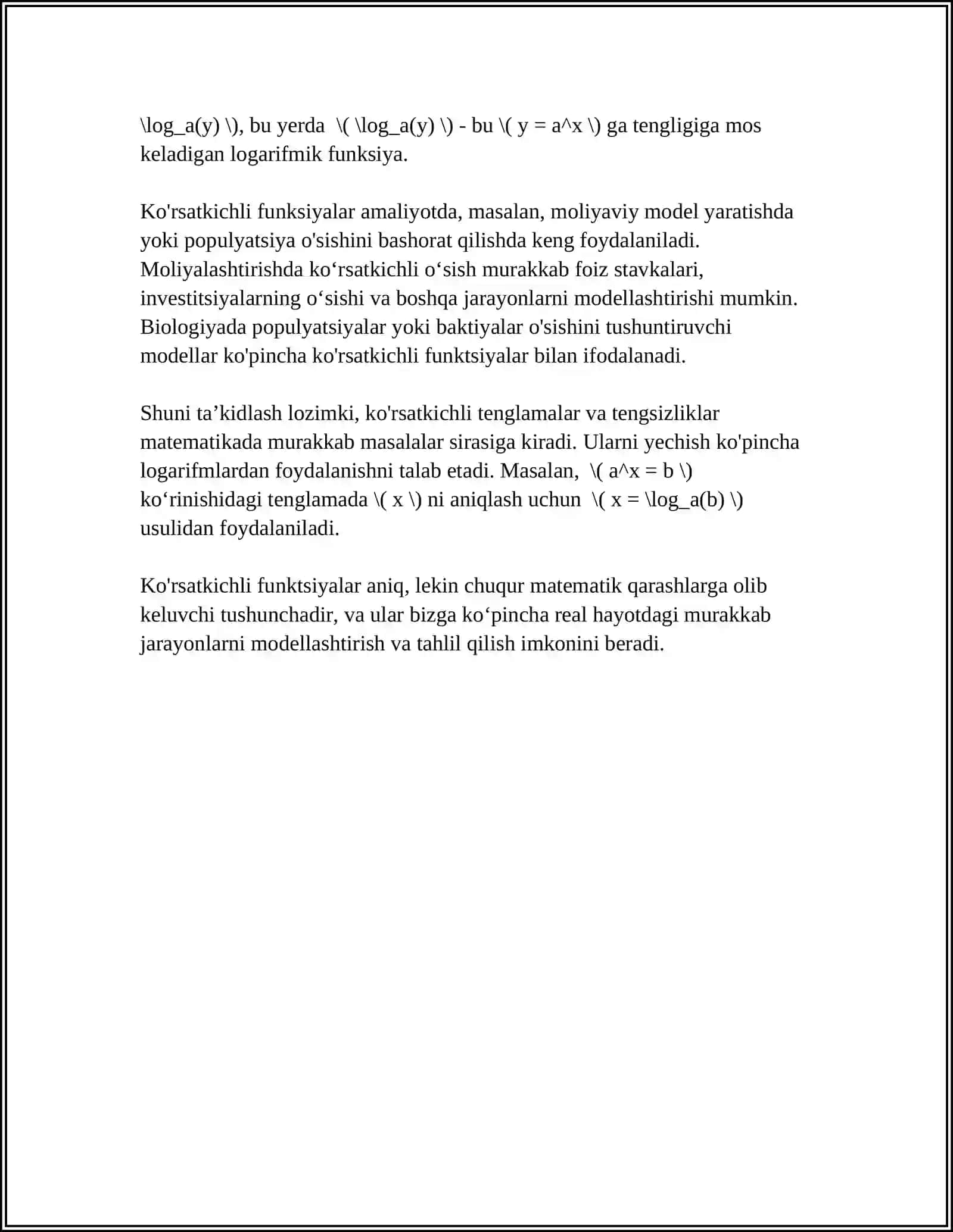 KO’RSATKICHLI VA LOGARIFMIK FUNKSIYALARNI O’QITISH METODIKASI 4