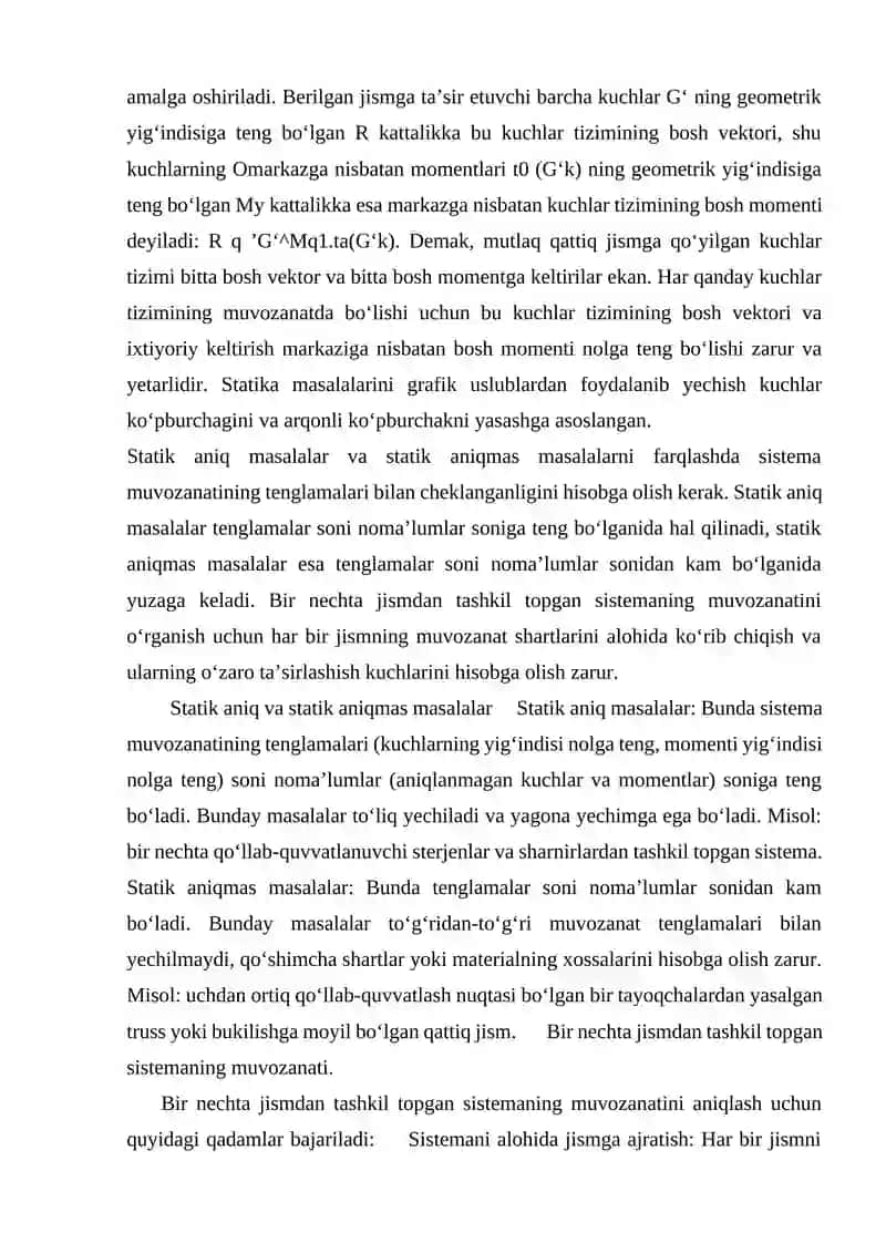 Statik aniq va statik aniqmas masalalar. Bir nechta jismdan tashkil topgan sistemaning muvozanati 4