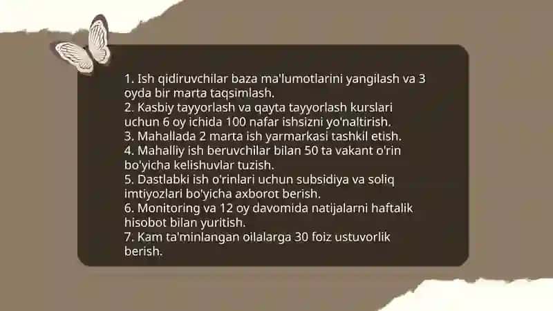 Ishsiz aholi bandligini taʼminlash va kambagʻallikni qisqartirish boʻyicha mahalla raisining hamkor tashkilotlar bilan amalga oshiradigan ustuvor vazifalari 4