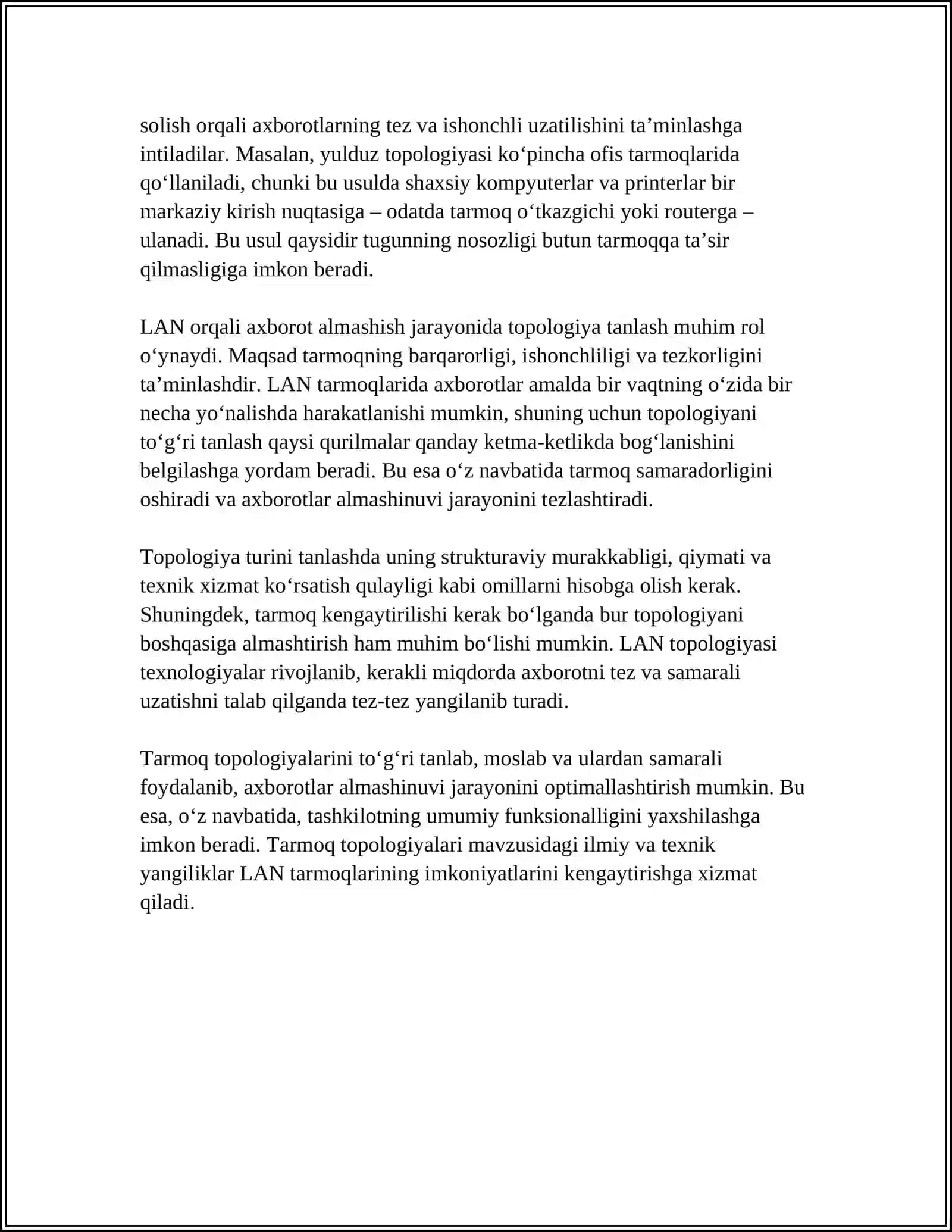 TARMOQ TOPOLOGIYASI. LOKAL TARMOQ ORQALI AXBOROTLAR ALMASHISH 4