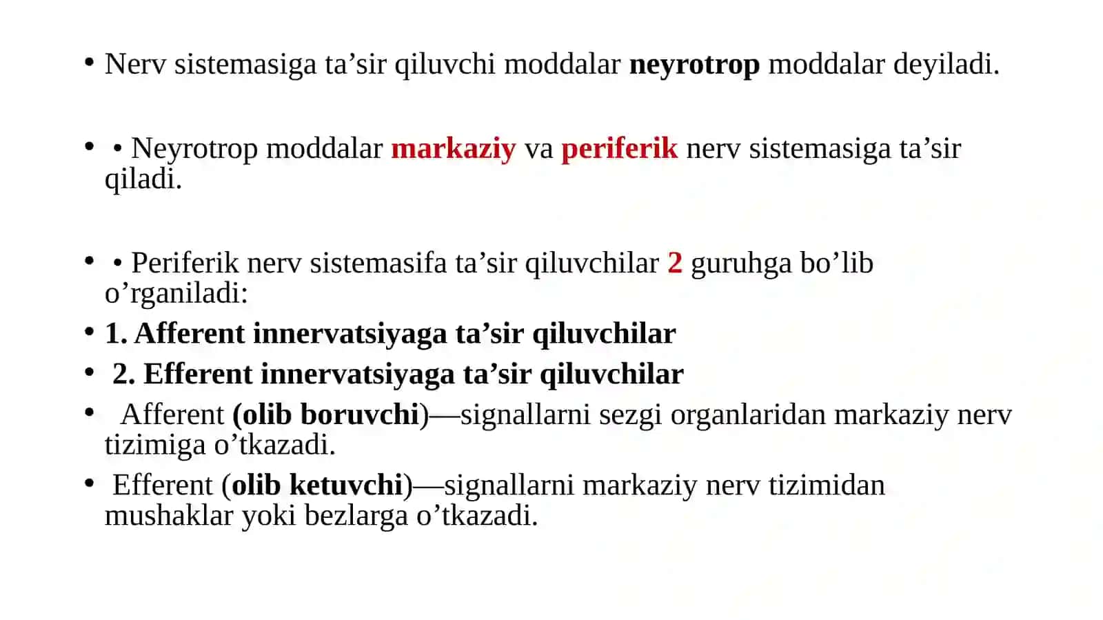 Xususiy farmakologiya. Nerv sistemasiga ta'sir qiluvchi dorivoritalari 4