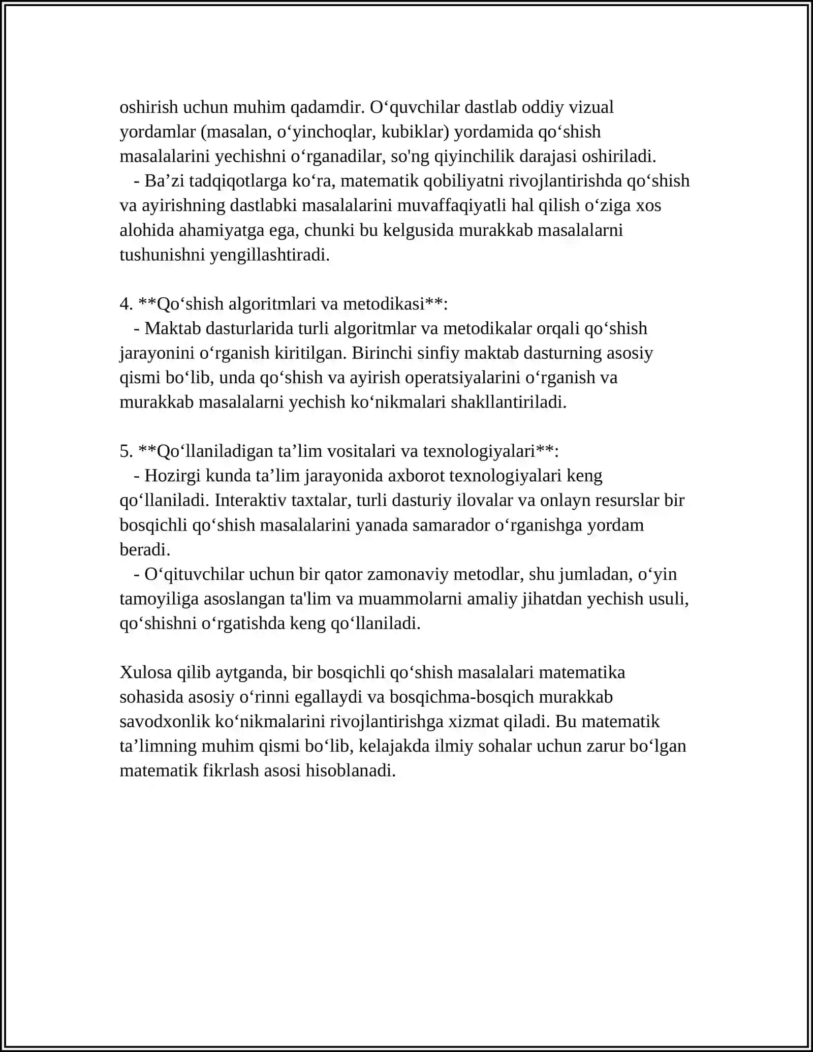 BIR BOSQICHLI QOʻSHISH VA AYIRISH MASALALARINI YECHISH.MATEMATIK MAZMUNGA EGA ROLLI OʻYINLAR 4