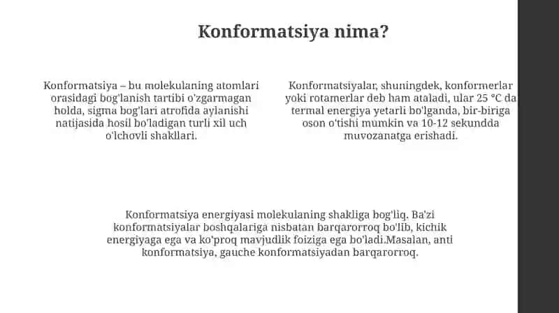Molekulalarning ichki aylanishi. Konformatsion oʻzgarishlar 4
