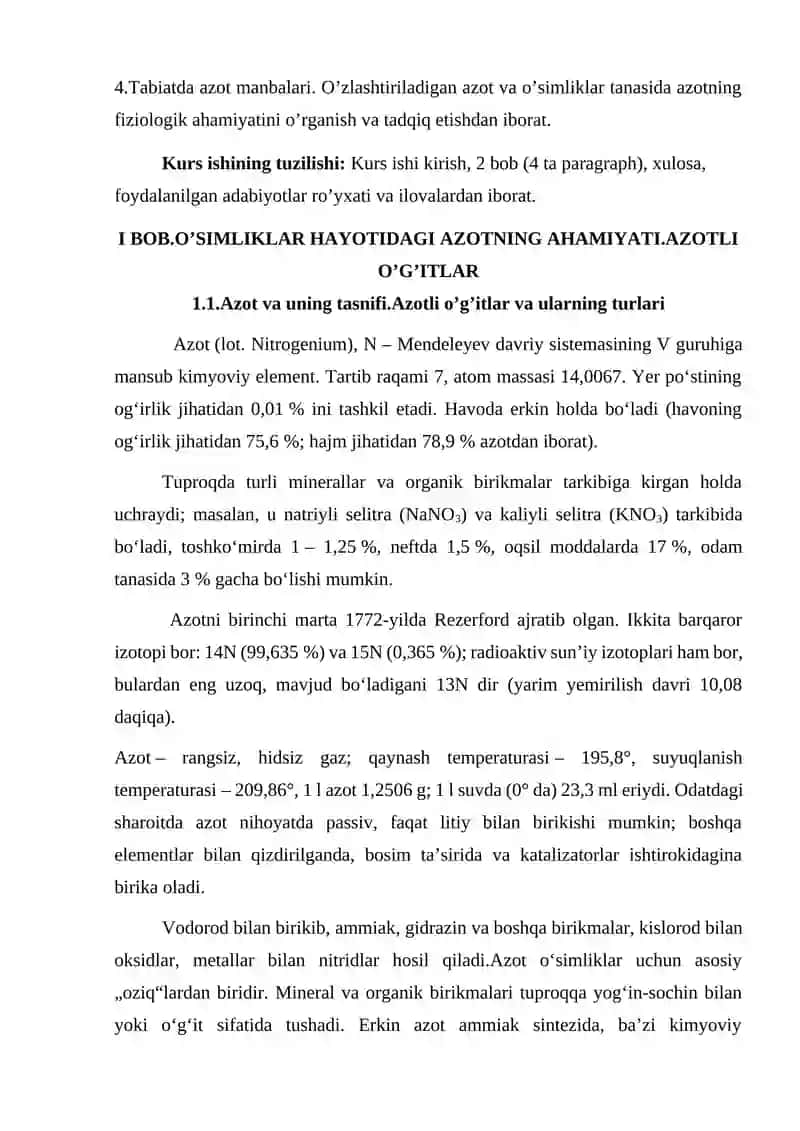 Azotning o'simliklar hayotidagi o'rni. O'simliklarning azot bilan oziqlanishining o'ziga xosligi 4