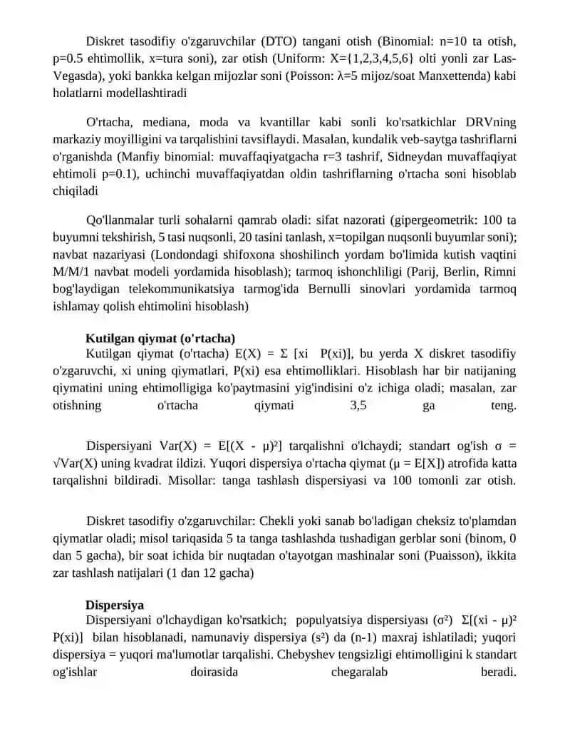 Diskret tasodifiy miqdorlar va ularning sonli xarakteristikalari 4