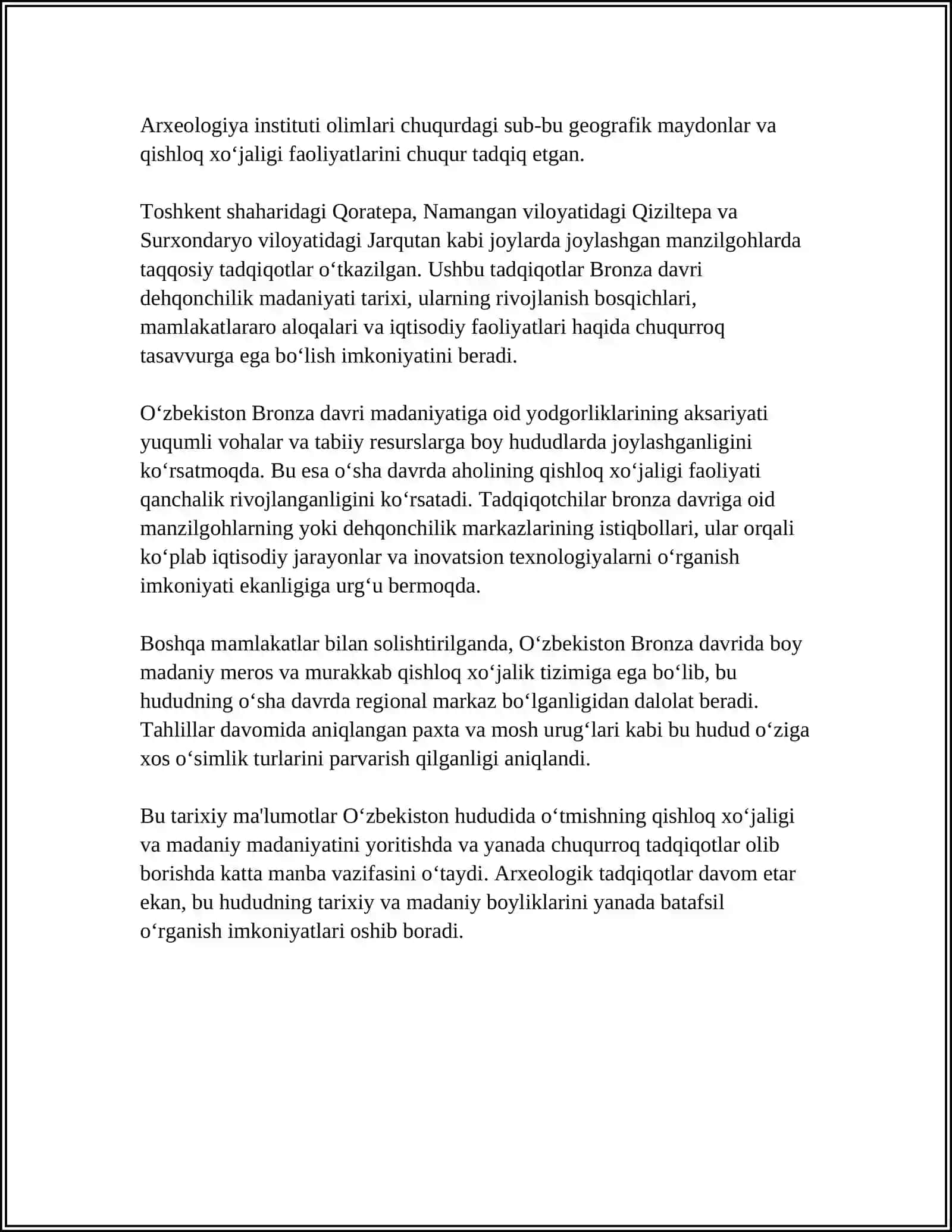 O'RTA OSIYONING BRONZA DAVRI DEHQONCHILIK MANZILGOHLARI 4