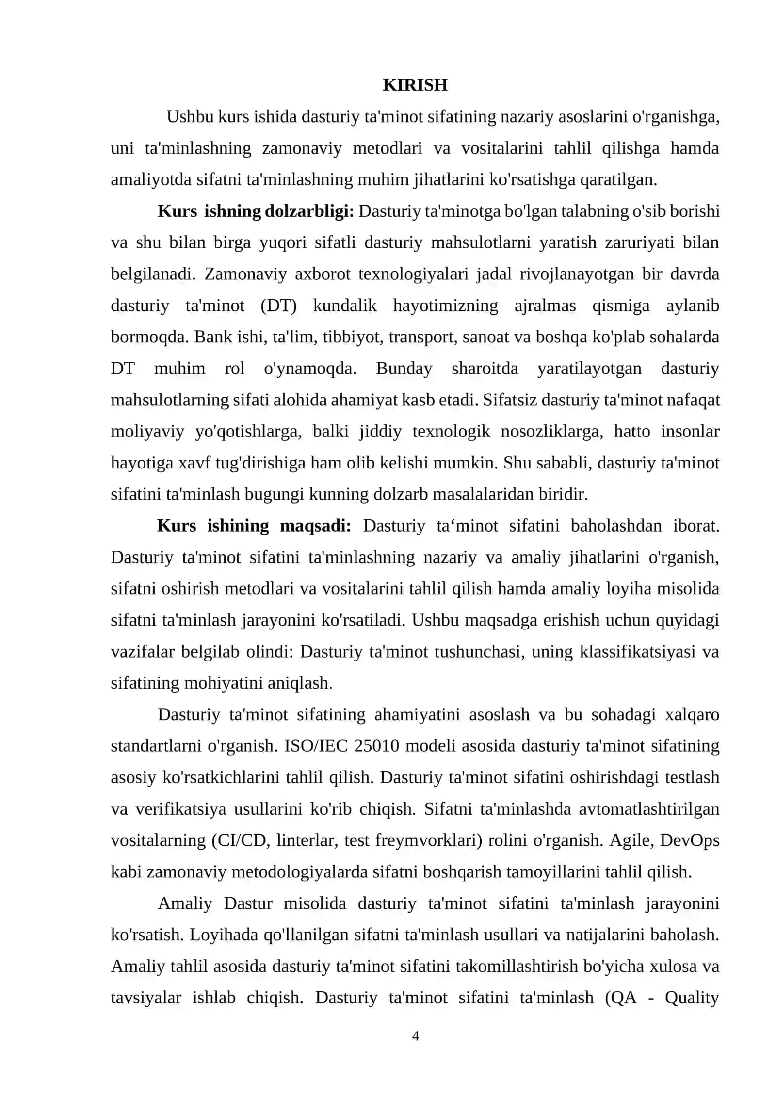 Dasturiy ta‘minot sifatini baholash KURS ISHI 4