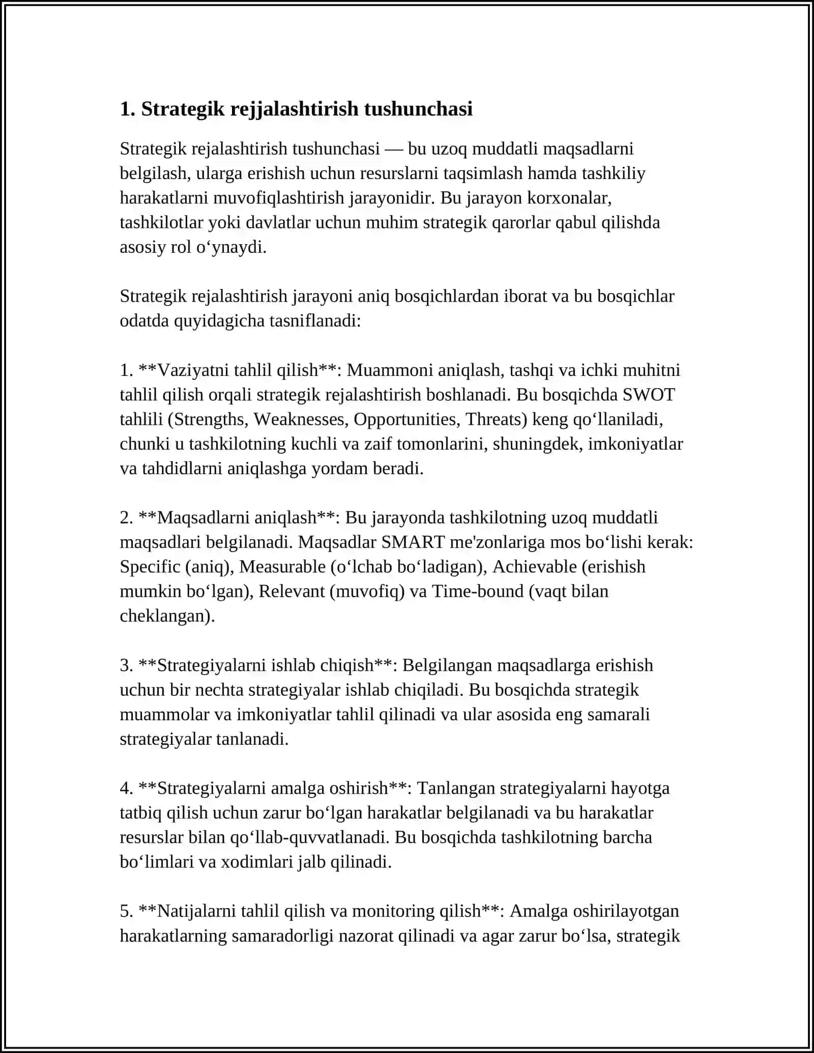 STRATEGIK REJALASHYIRISHNING UMUMIY TASNIFI VA UNING BOSHQARUVDAGI AHAMIYATI 4