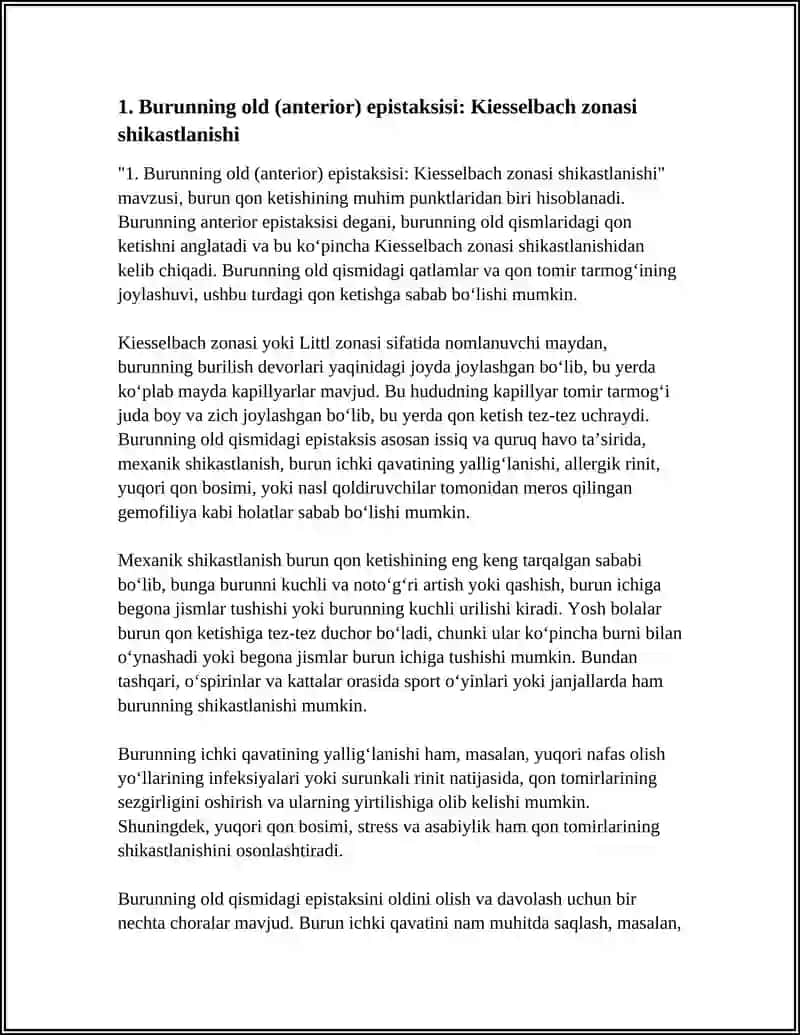 Burunning old (anterior) epistaksisi: Kiesselbach zonasi shikastlanishi 4