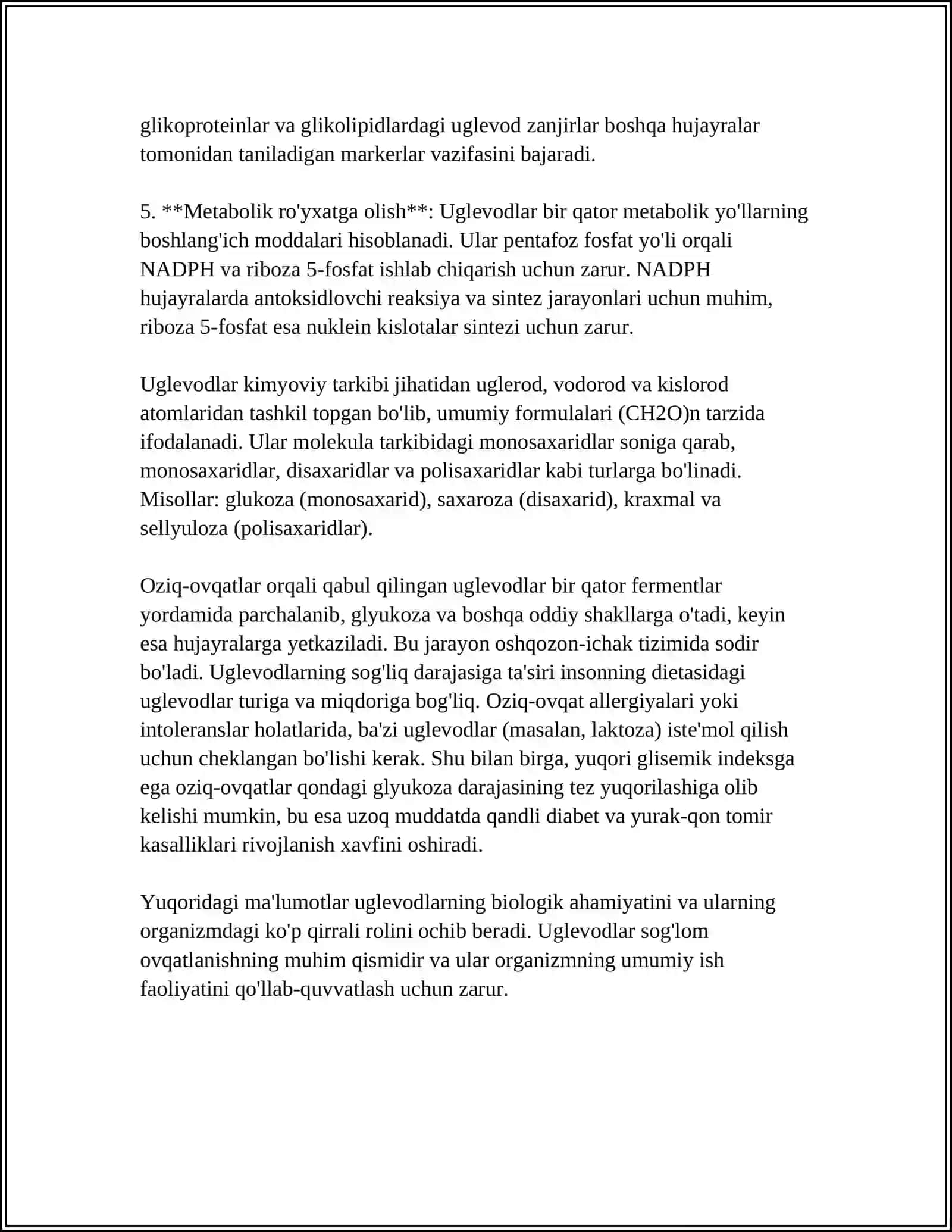 MUSTAQIL ISH Mavzu: UGLEVODLARNING BIOLOGIK ROLI VA MANBALARI 4