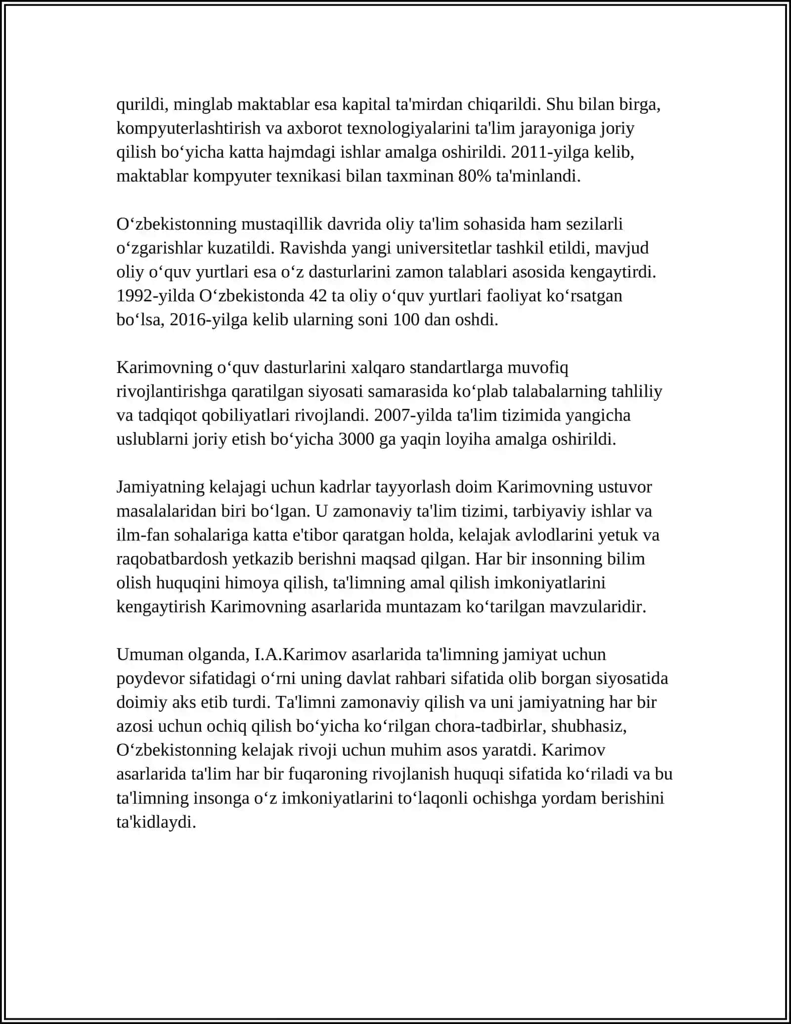 O‘zbekiston Respublikasining birinchi Prezidenti I.A.Karimov asarlarida taʼlim-tarbiya masalalari 4