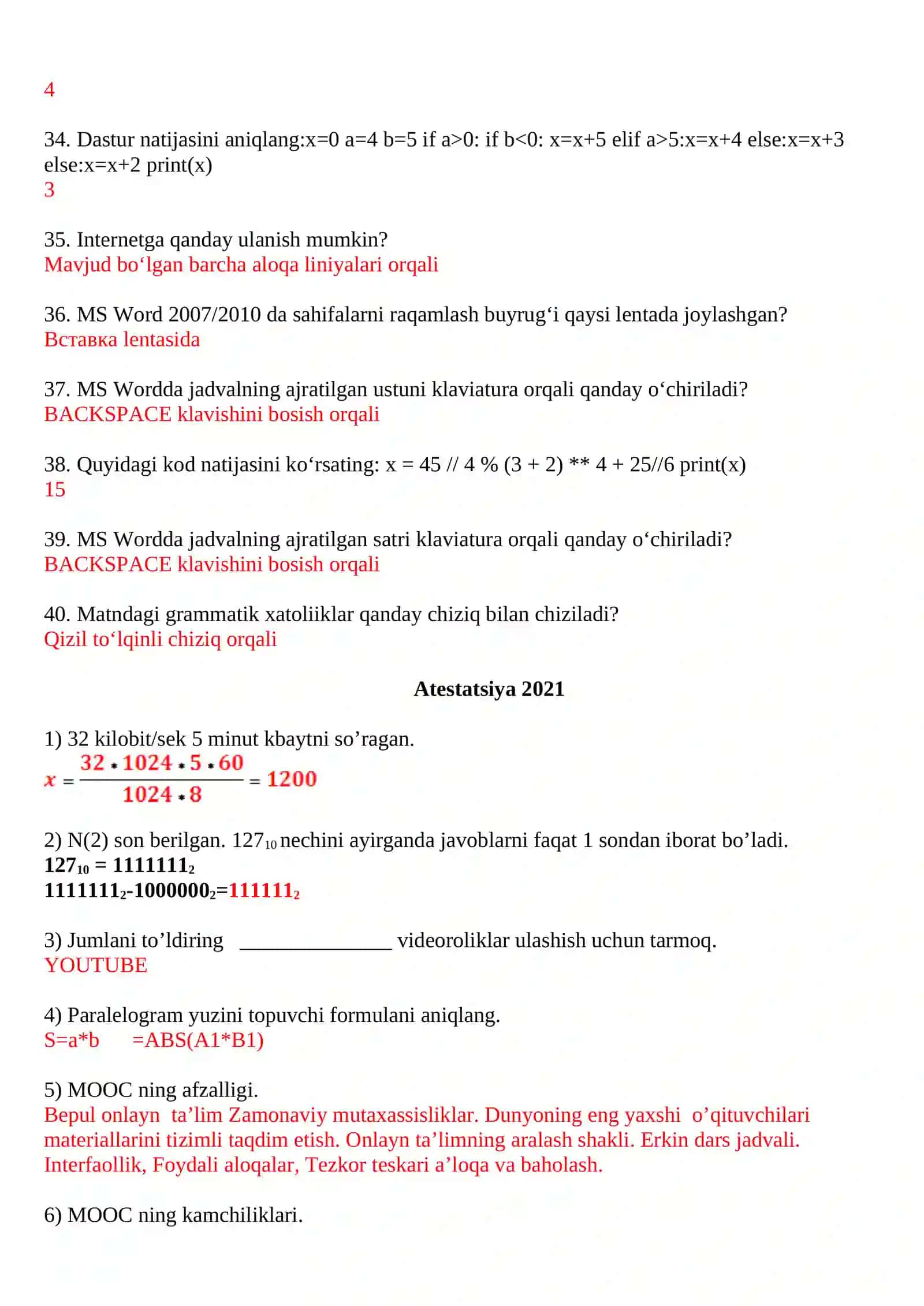 MS Excel. A1=4, B1=5, C1=6 uchlik qiymatlari va A1=100, B1=500, C1=1000 uchlik qiymatlari uchun natijasi o‘zgarmaydigan formlani aniqlang 4