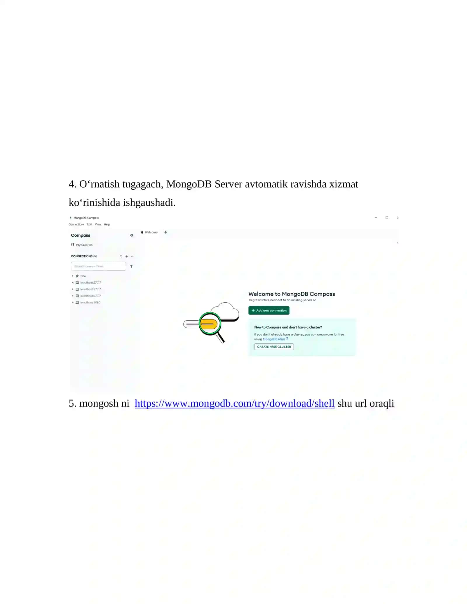 MongoDB ga kirish va muhitni so‘zlash (mongosh, Compass) 4
