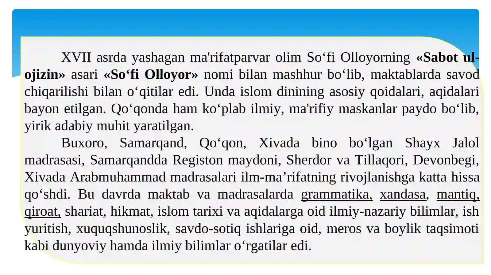 XVII asrdan XIX asrning birinchi yarmigacha tarbiya, maktab va pedagogik fikrlar rivoji. XIX asrning 2 yarmi XX asr boshlarida Turkiston o‘lkasida tarbiya, maktab va pedagogik fikrlar 4