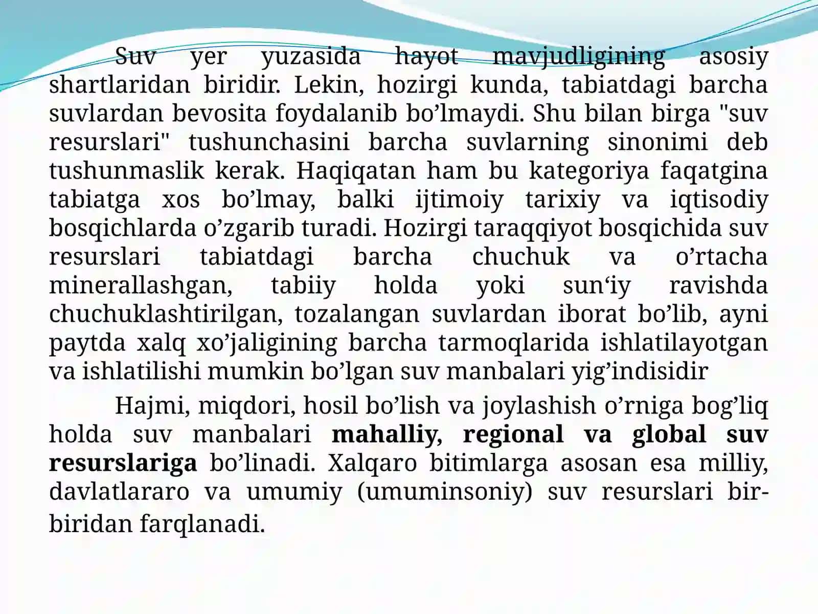 O’zbekiston Respublikasi suv resurslari, manbalari, tarkibi va ulardan foydalanish 4