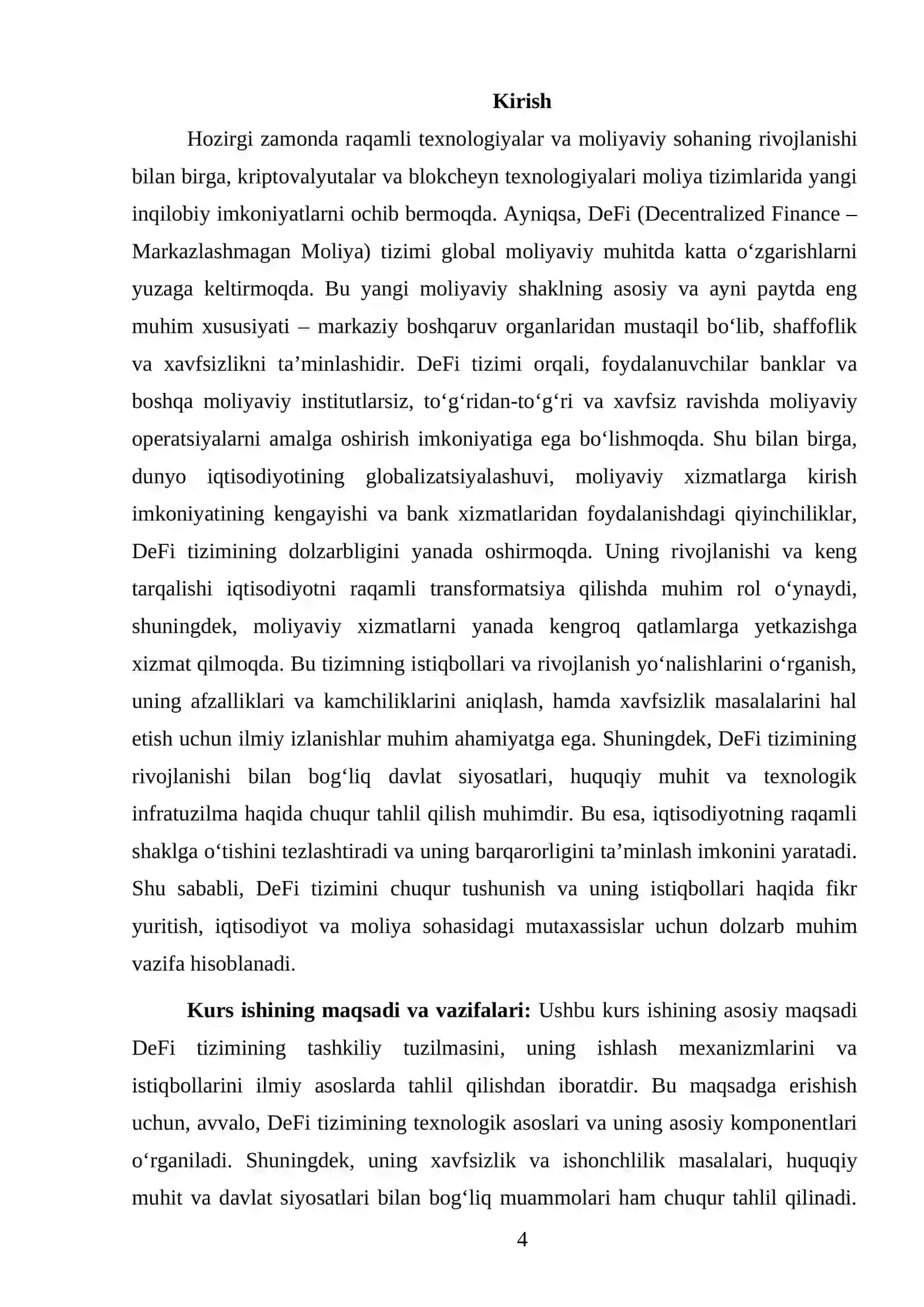 DEFI (MARKAZLASHMAGAN MOLIYA) TIZIMI VA ISTIQBOLLARI KURS ISHI 4