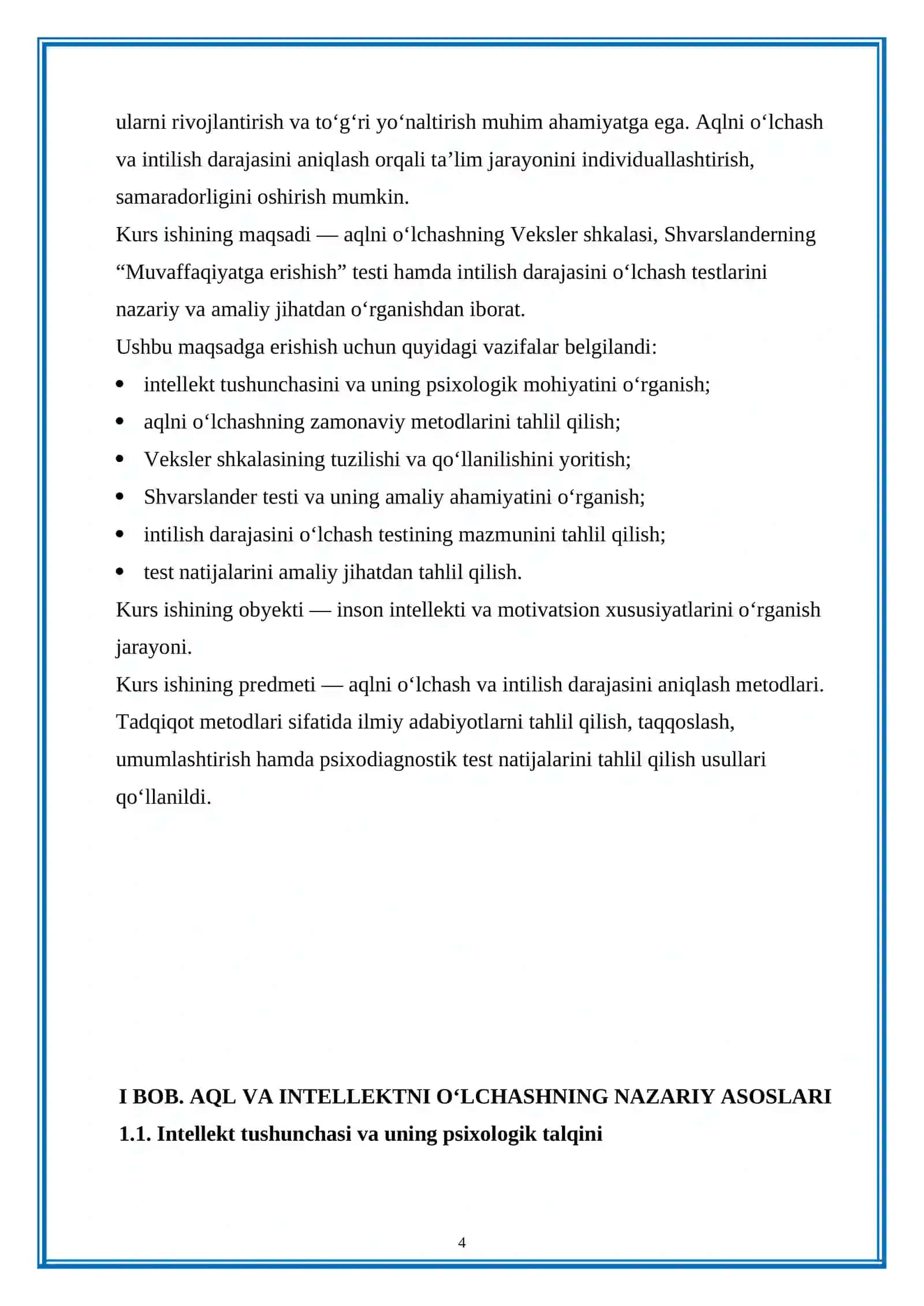 Aqlni o‘lchashning Veksler shkalasi. Shvarslanderning “Muvaffaqiyatga erishish” testi. “Intilish darajasini o‘lchash” testi 4