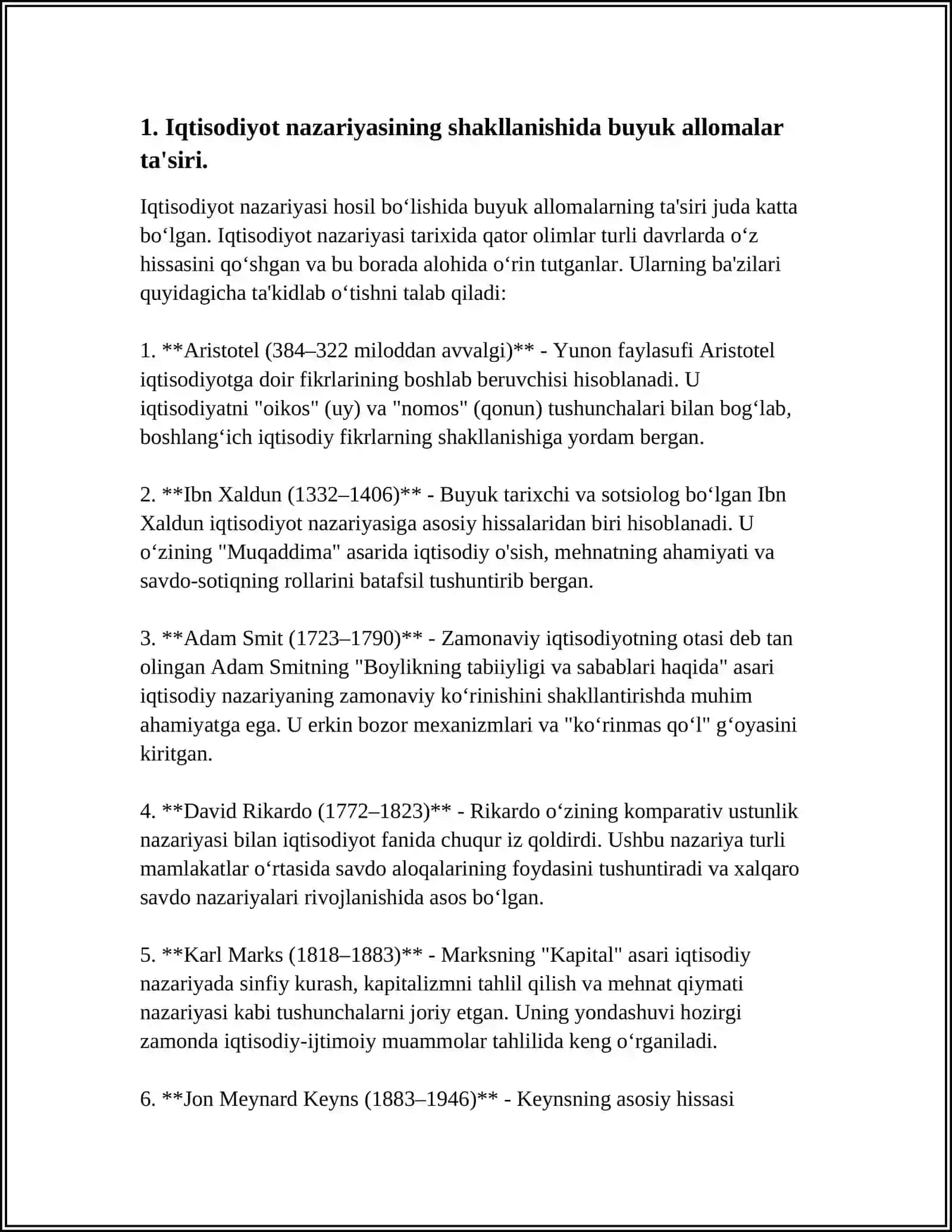 IQTISODIYOT NAZARIYASI FANINING FAN SIFATIDA SHAKLLANISHIDA BUYUK ALLOMALARNING JUMLADAN: IBNXOLDUN, ABU ALI IBN-SINO, ABU NASR FAROBIY, ABU RAYHON BERUNIY, M. ULUG‘BEKLARNING ROLI 4