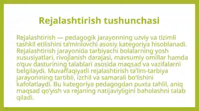 Rejalashtirish va tarbiyachining ish hujjatlari fanining asosiy kategoriyalari. 4