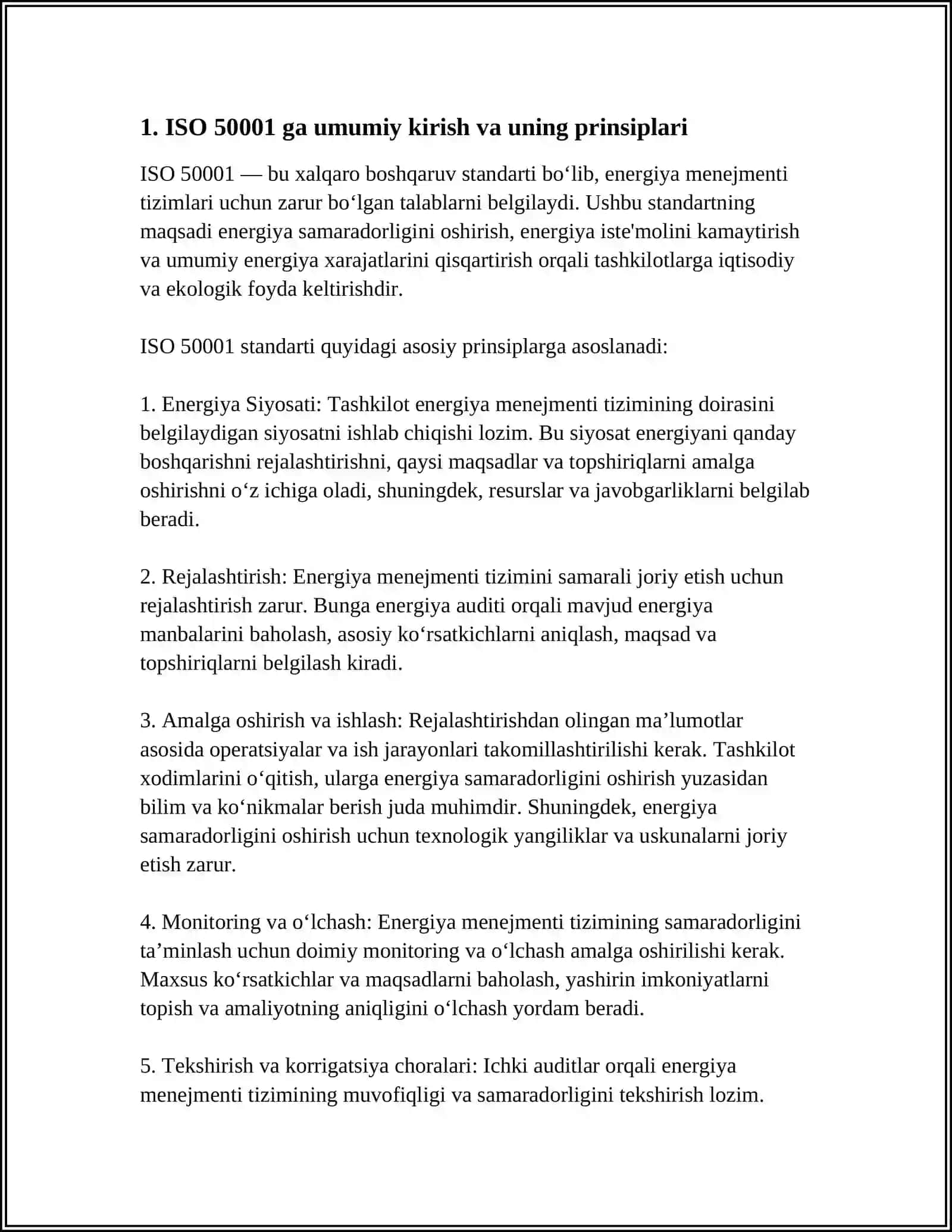 ENERGIYA MENEJMENTI TIZIMLARI (ISO 50001) VA ULARNING ISHLAB CHIQARISH TANNARXIGA TA’SIRI 4