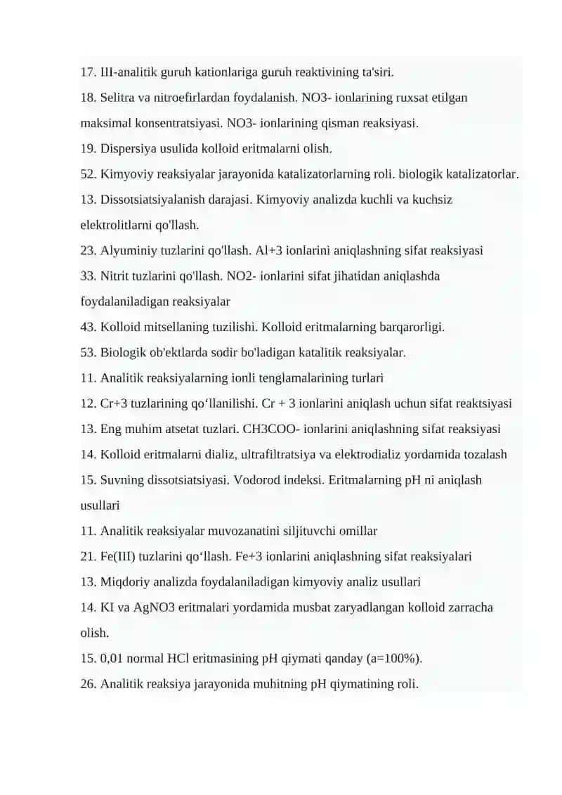 Analitik va fiz kolloid kimyi fanidan yakuniy savollardan namunalar 4