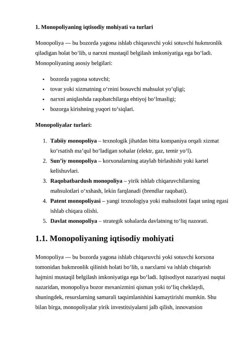 Monopoliyalar, Ularning Amal Qilish va Tartibga Solish Xususiyatlari 4