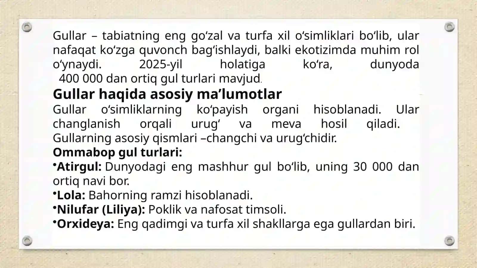 Buxoro Davlat Universiteti Tabiiy fanlar va Agrobiotexnologiya fakulteti 2-1 AKT 25 guruhta talabasi Jabborova Shaxruzaning Botanika va o'simliklar fiziologiyasi fanidan tayyorlagan MUSTAQIL ISHI 4