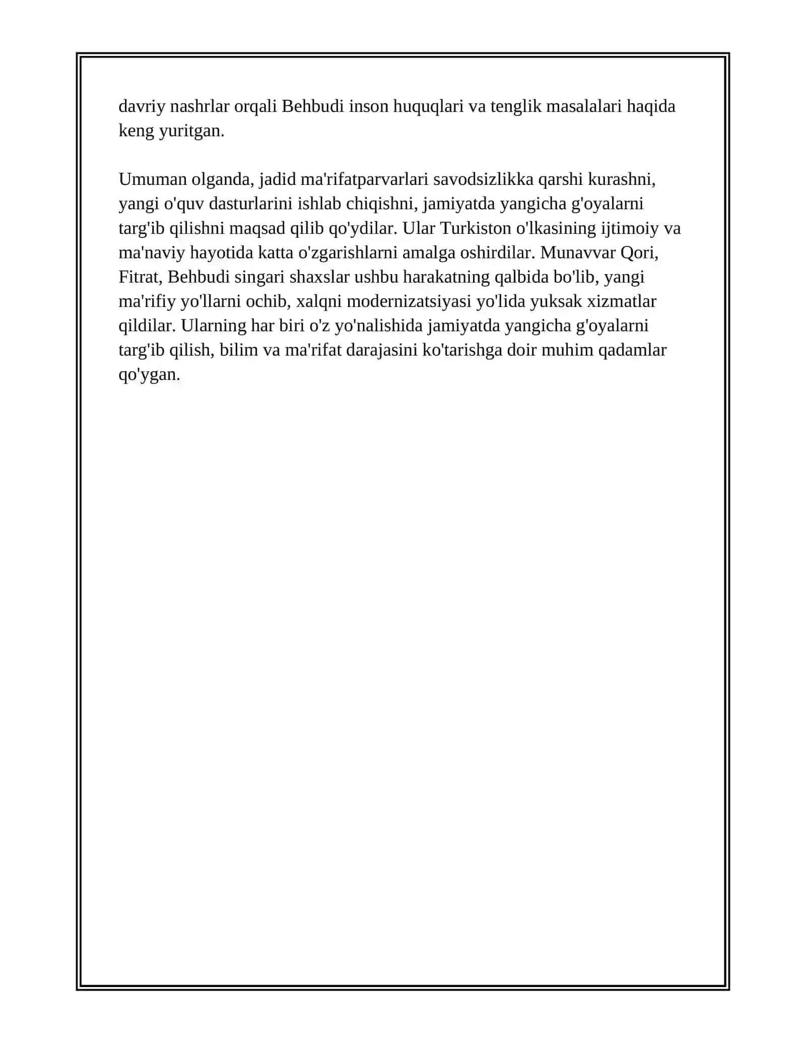 JADID MA'RIFATPARVARLARINING O'LKA IJTIMOIY MA'NAVIY HAYOTIDA TUTGAN O'RNI (MUNAVVAR QORI FITRAT BEHBUDIY AVLONIY VA BOSHQALAR) 4
