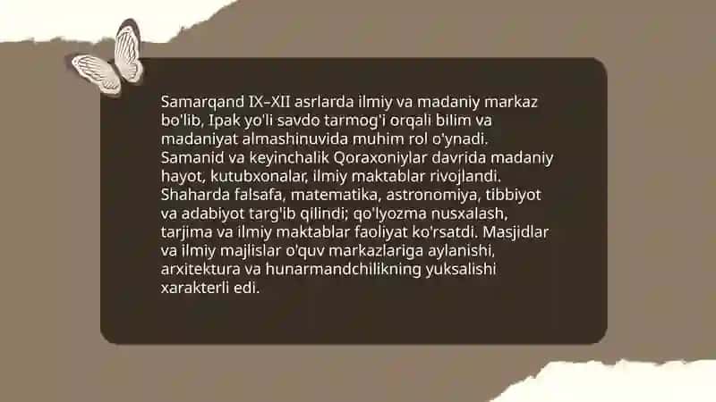IX-XII asrlarda mamlakatimiz hududida roy bergan madaniy uygonish. Buyuk allomalarning jahon sivilizatsiyasiga qoshgan hissasi 4