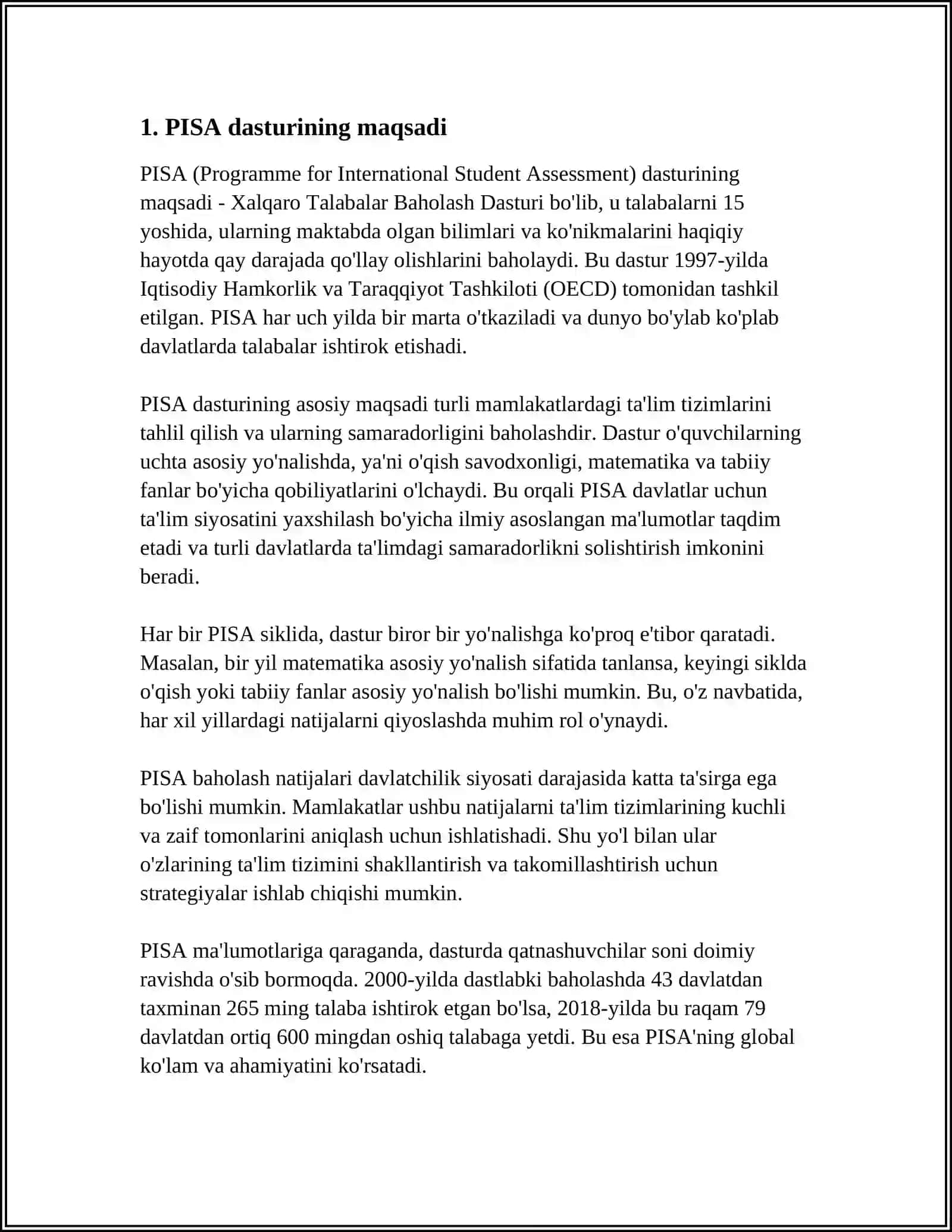XALQARO BAHOLASH DASTURI PISA (THE PROGRAMME FOR INTERNATIONAL STUDENT ASSESMENT 15 YOSHLI O’QUVCHILARNING O’QISH MATEMATIKA VA TABBIY YO’NALISHDAGI FANLARDAN SAVODXONLIK DARAJASINI BAHOLASH) 4
