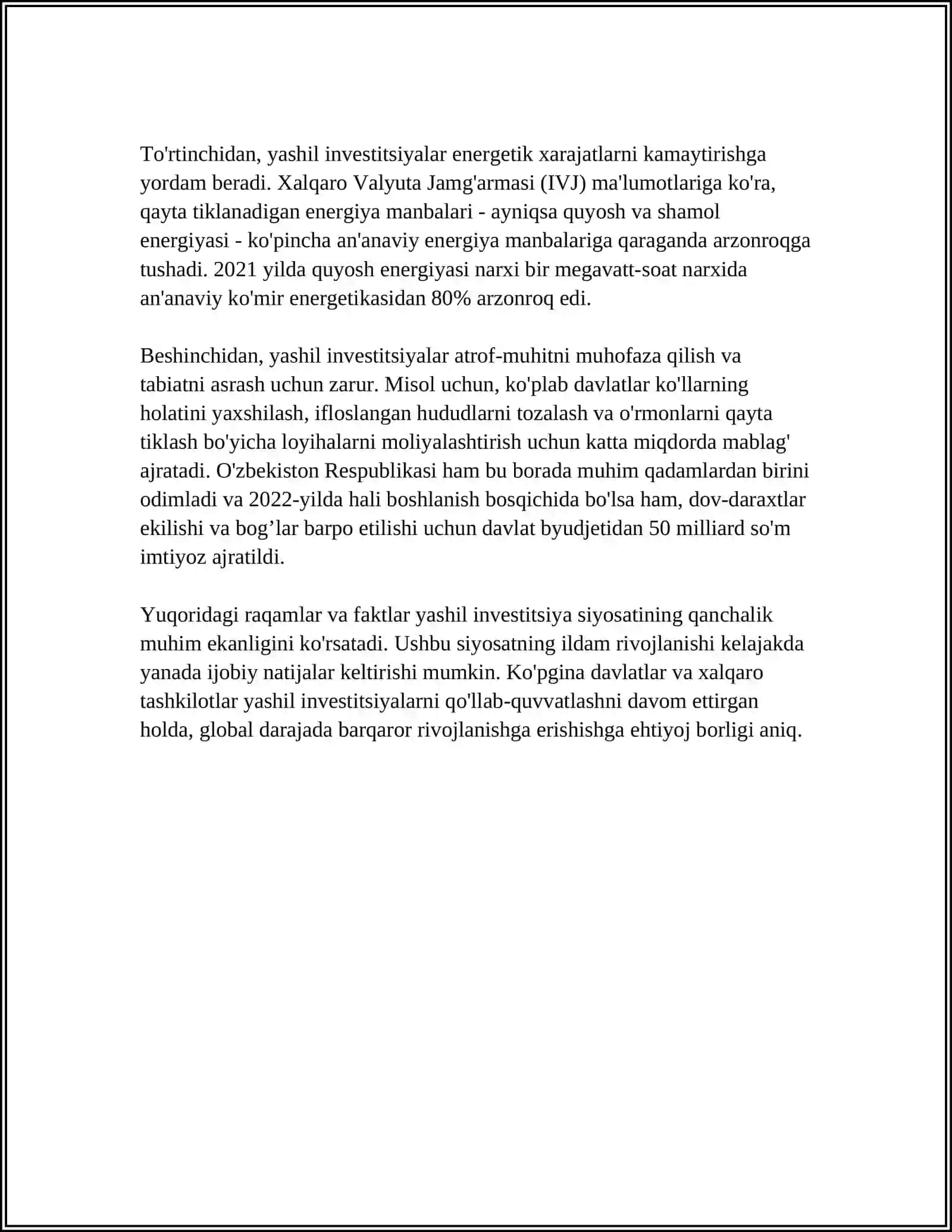 O’ZBEKISTON RESPUBLIKASIDA YASHIL INVESTITSION SIYOSATI VA INVESTITSION FAOLIYAT 4