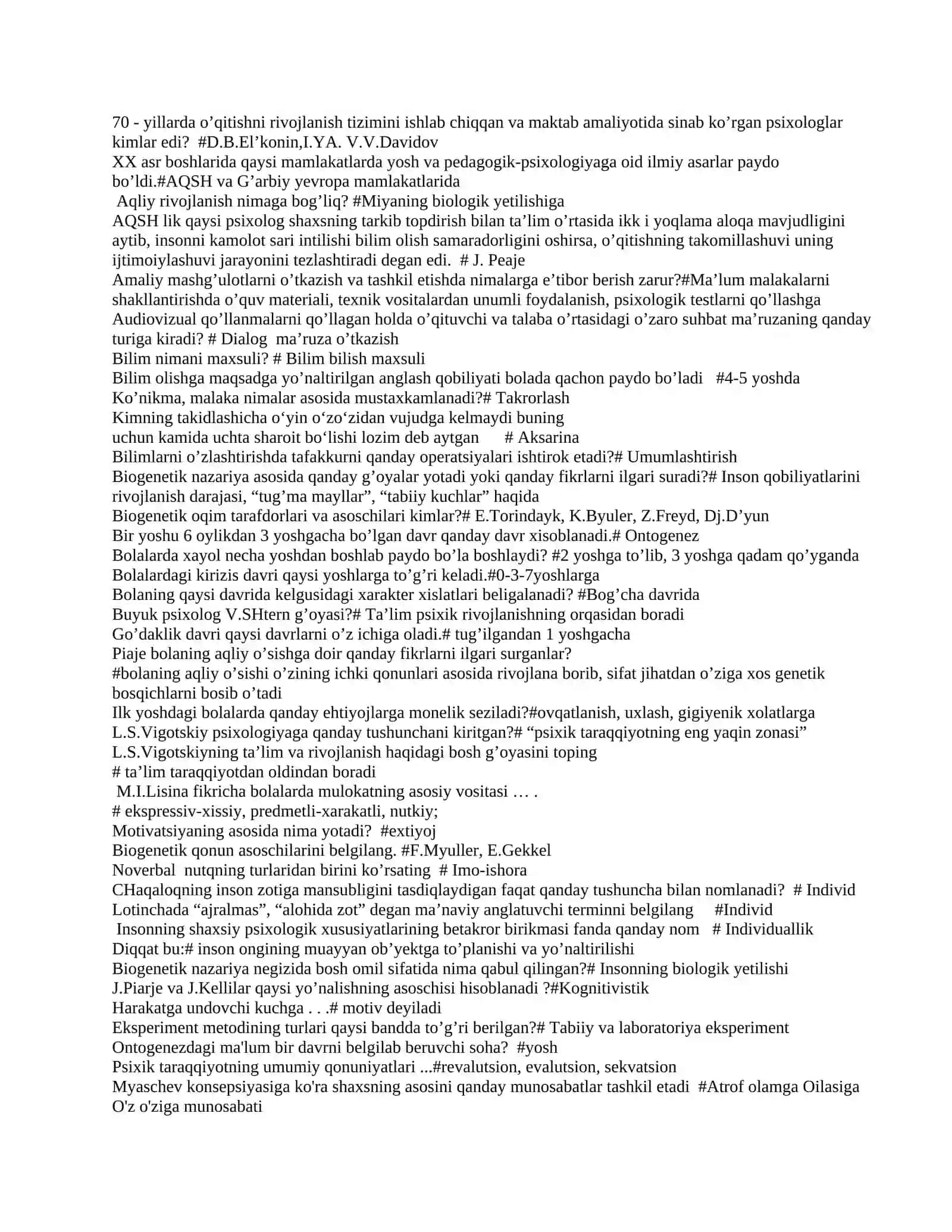 Bolalar psixologiyasi va psixodiognostikasi fanidan testlar 4-kurs 4