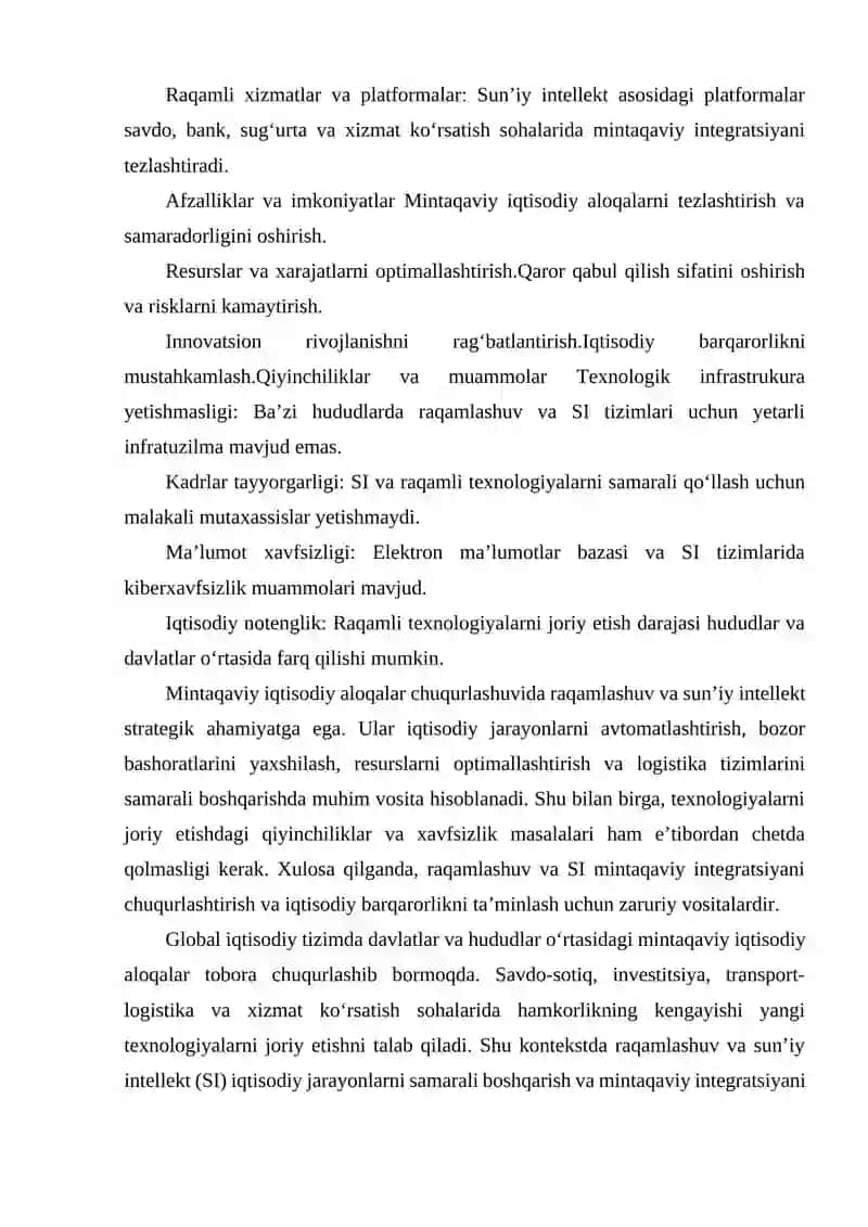 MINTAQAVIY IQTISODIY ALOQALAR CHUQURLASHUVIDA RAQAMLASHUV VA SUN’IY INTELLEKTNING O‘RNI. 4