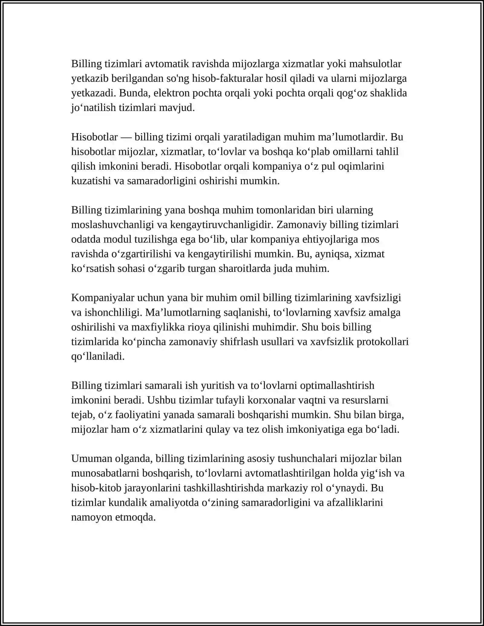 BILLING TIZIMINI ISHLASH TEXNOLOGIYASI VA IQTISODIYOTDA QOʻLLASH SALMOGʻI 4