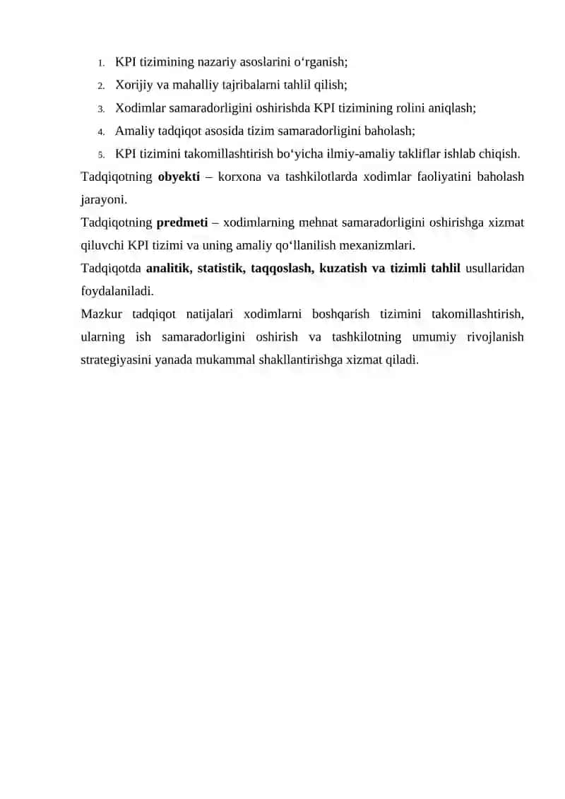 HODIMLARNI ISH SAMARADORLIGINI OSHIRISHDA KPI TIZIMINING O'RGANISH HAQIDA TADQIQOT O'TKAZISH 4