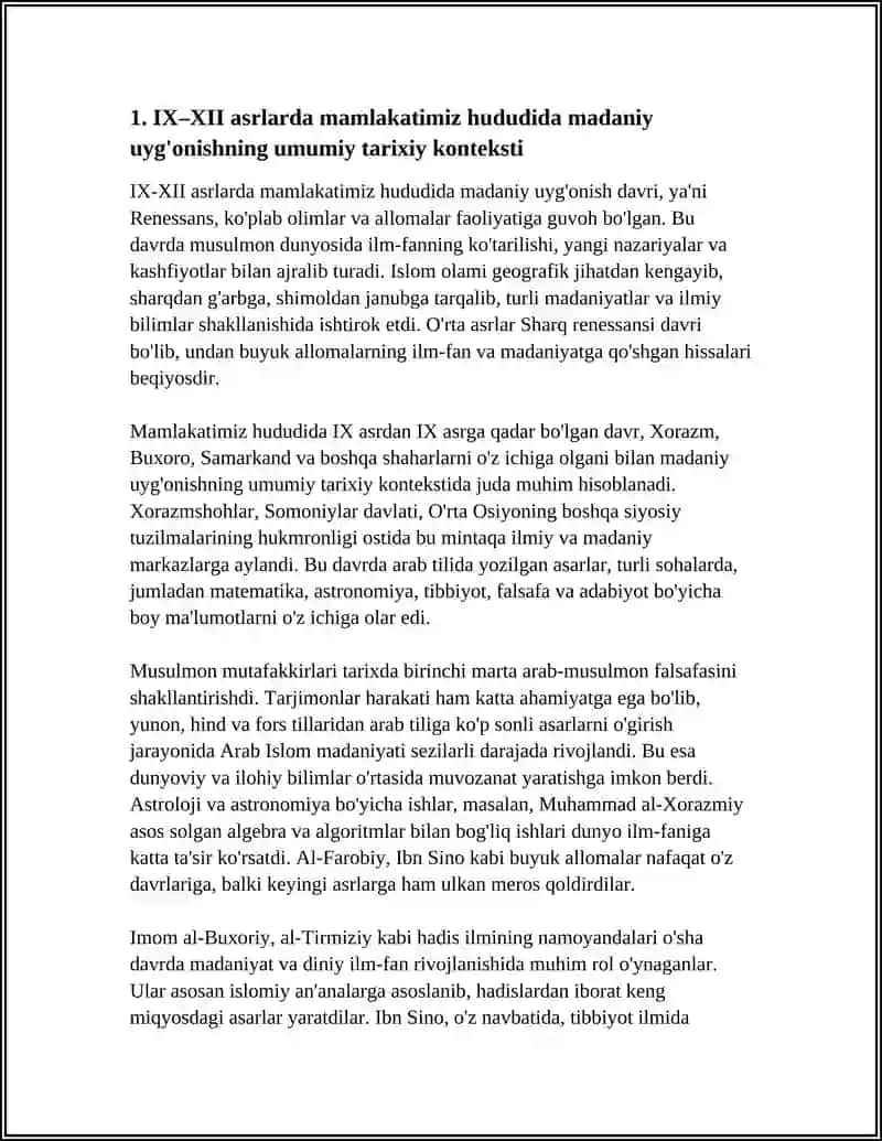 IX-XII ASRLARDA MAMLAKATIMIZ HUDUDIDA RÒY BERGAN MADANIY UYG'ONISH (RENESSANS) 4