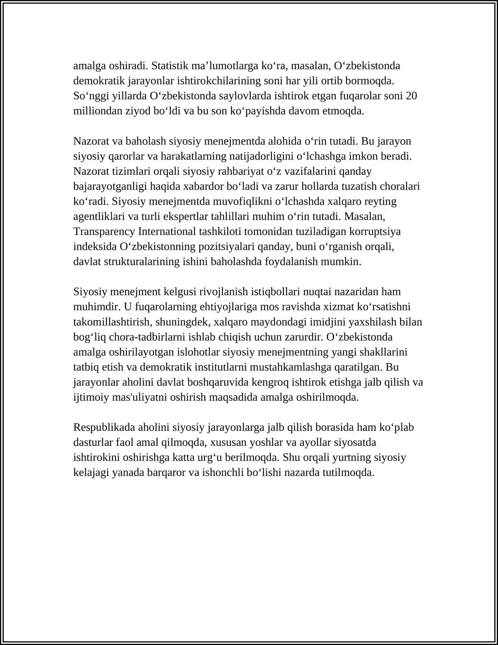 REFERAT Mavzu: SIYOSIY MENEJMENTNINGKOʻRINISHLARI 4