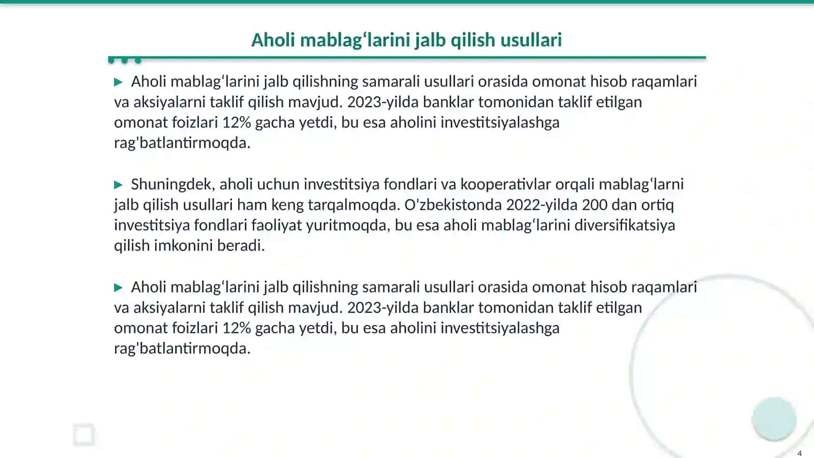 Aholi mablagʻlarini investitsiya moliyalashtirishga yoʻnaltirish 4